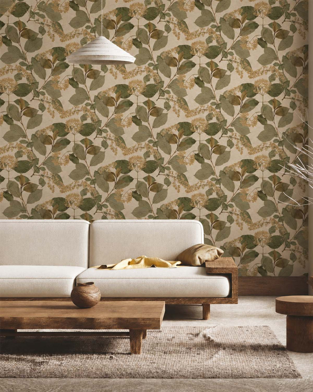 Cream Green Botanical Leaves Wallpaper R9129