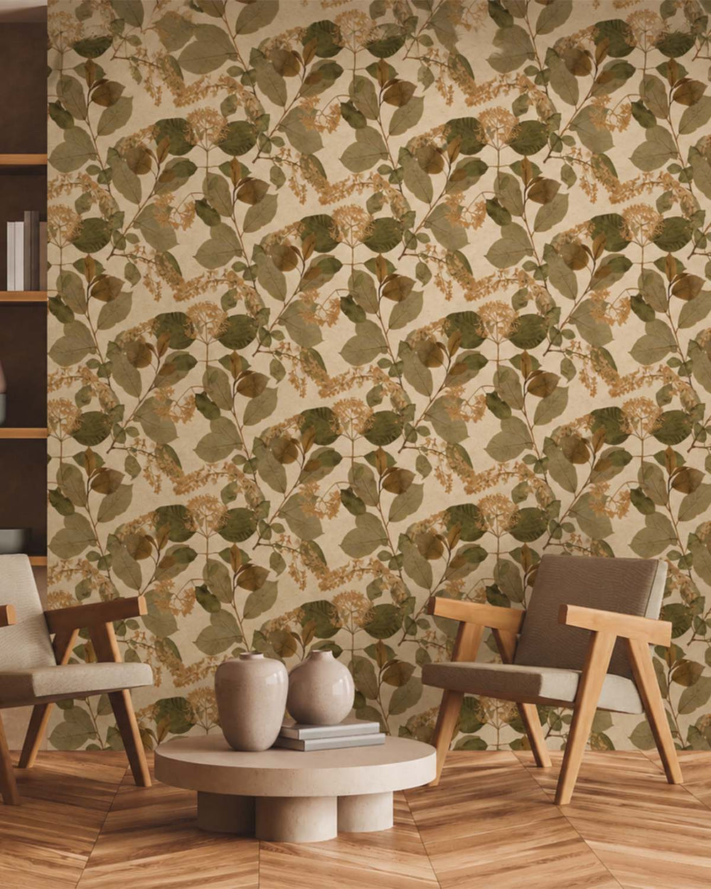 Apricot Orange Botanical Leaves Wallpaper R9130