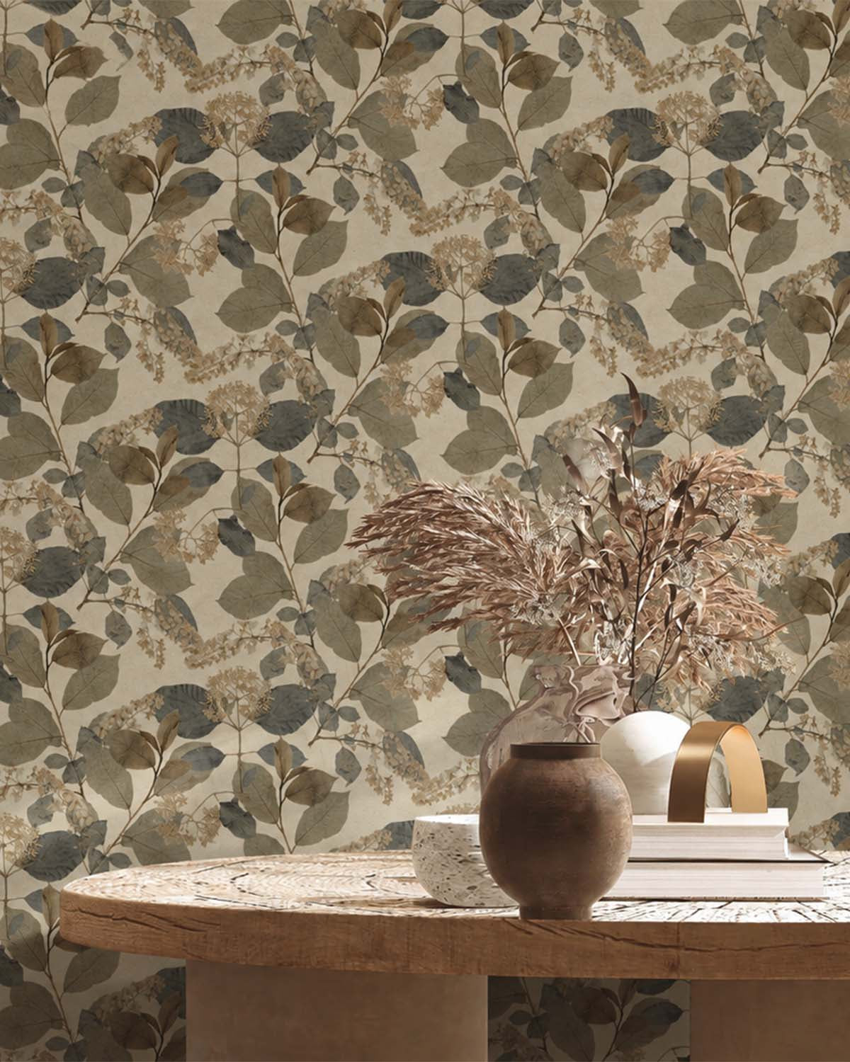 Blue Beige Botanical Leaves Wallpaper R9131