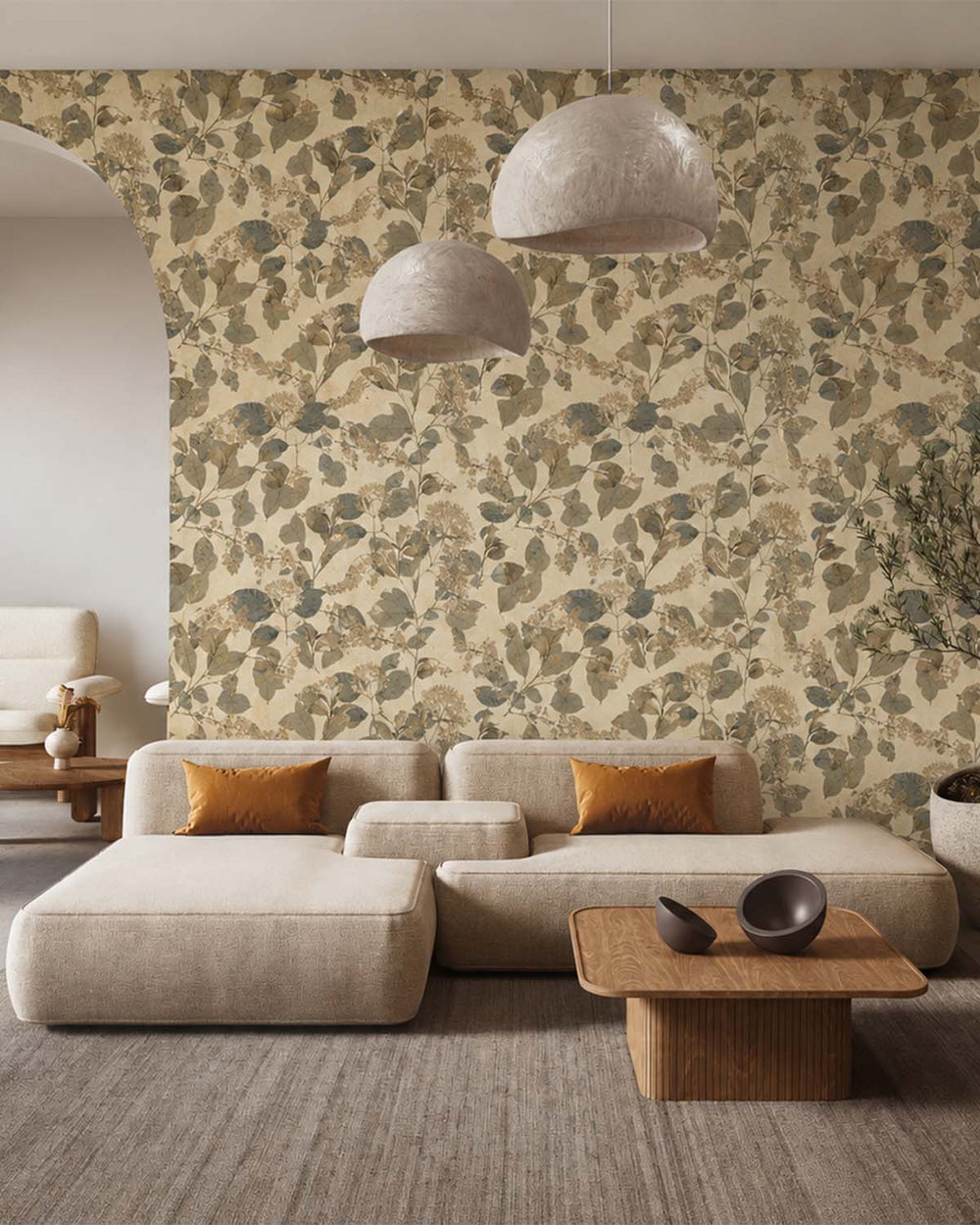 Blue Beige Botanical Leaves Wallpaper R9131