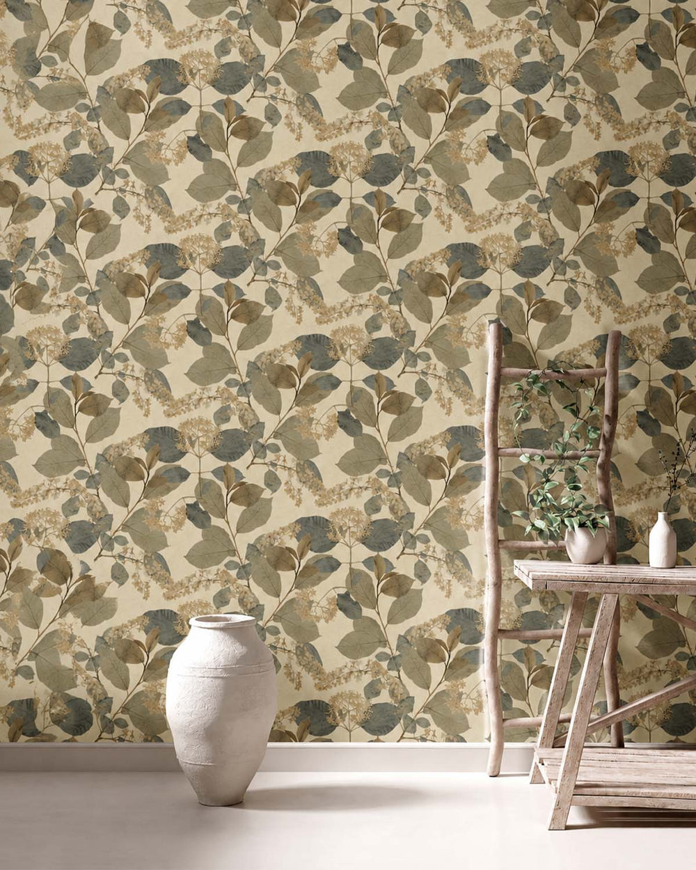 Blue Beige Botanical Leaves Wallpaper R9131