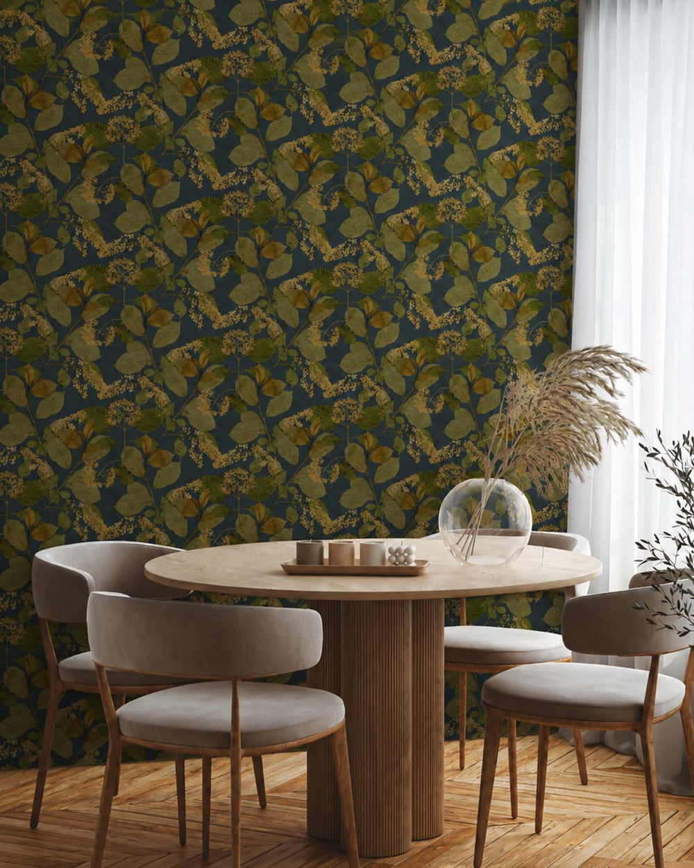 Midnight Blue Botanical Leaves Wallpaper R9132