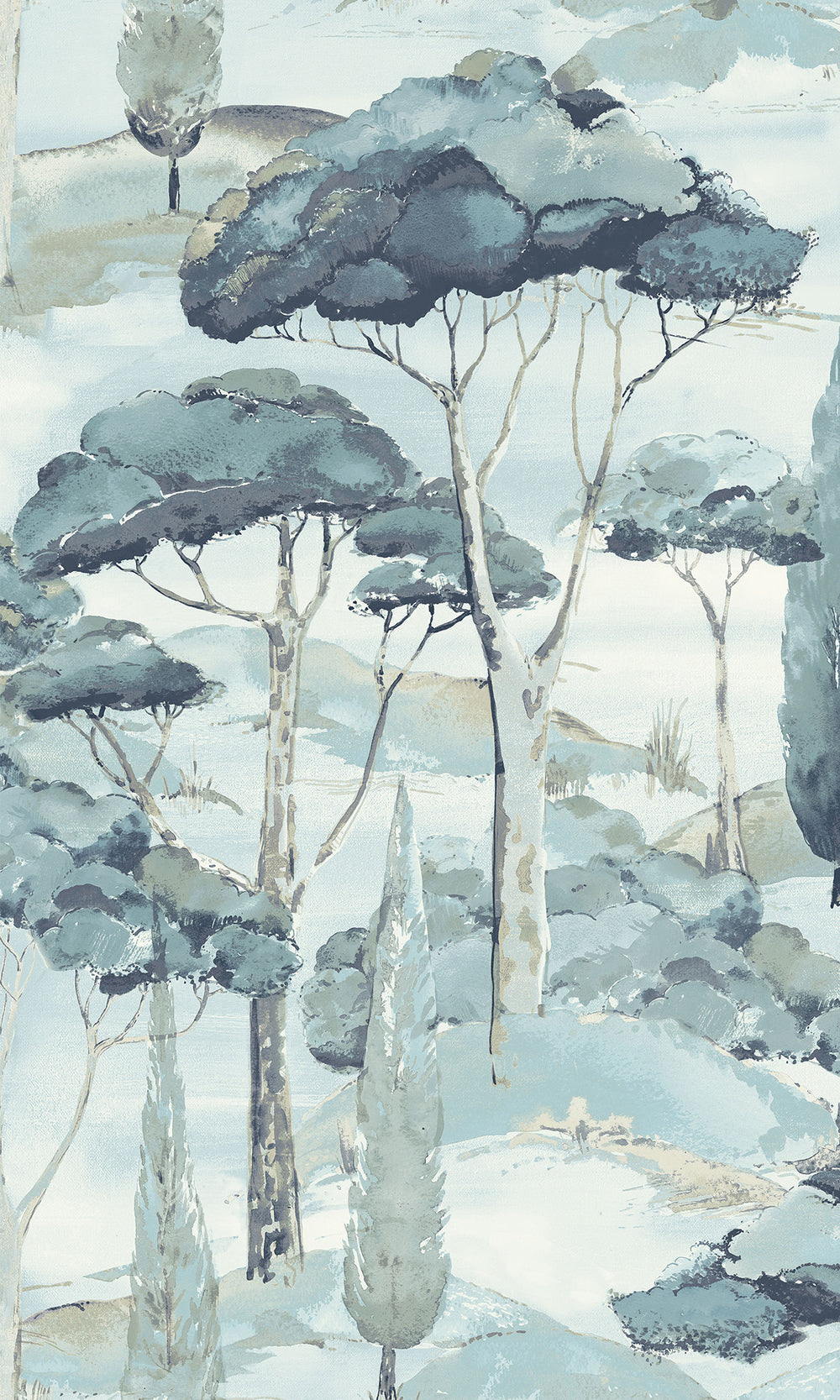Blue Watercolor Scenic Tree Tropical Wallpaper R9215