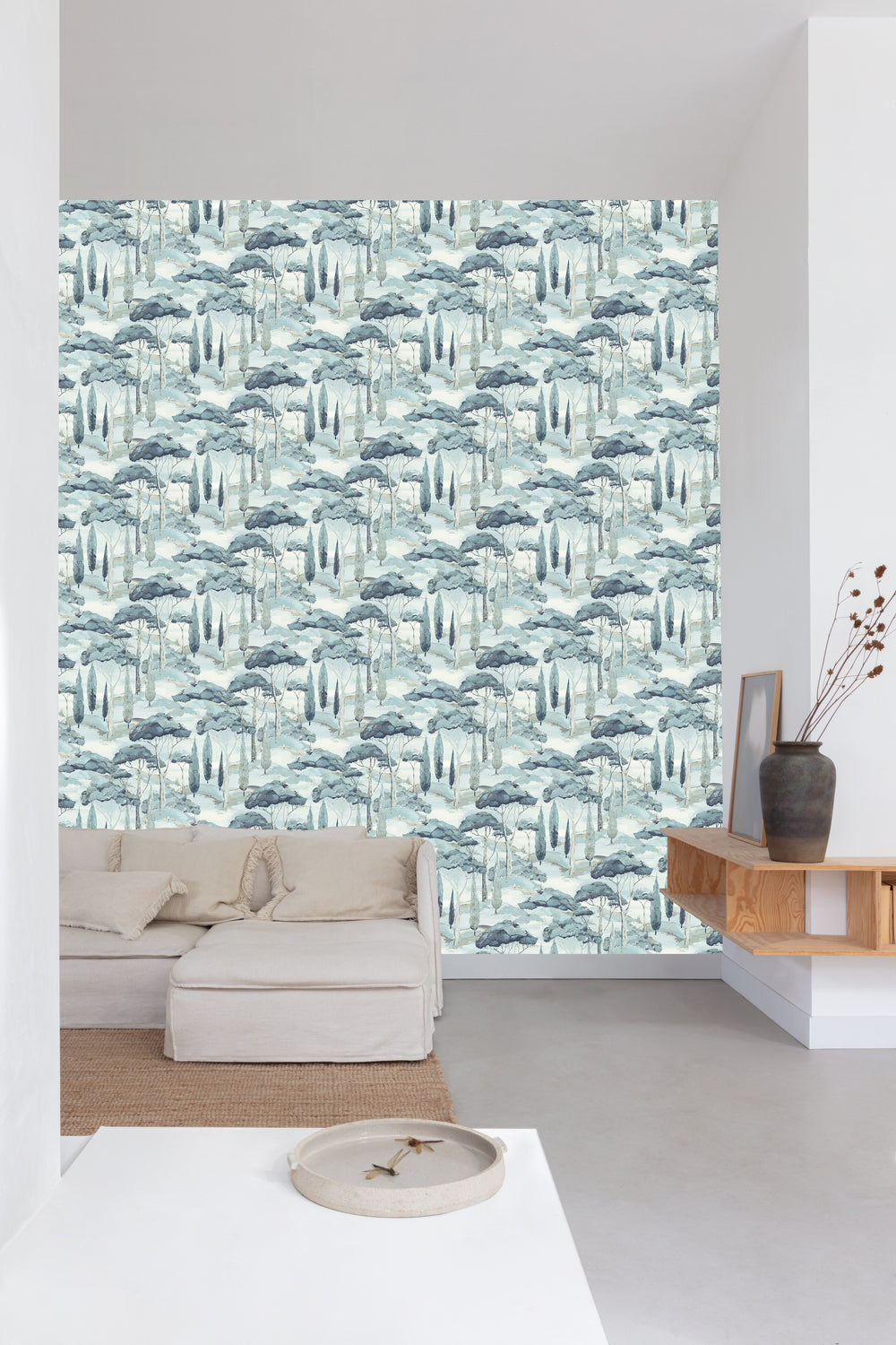 Blue Watercolor Scenic Tree Tropical Wallpaper R9215