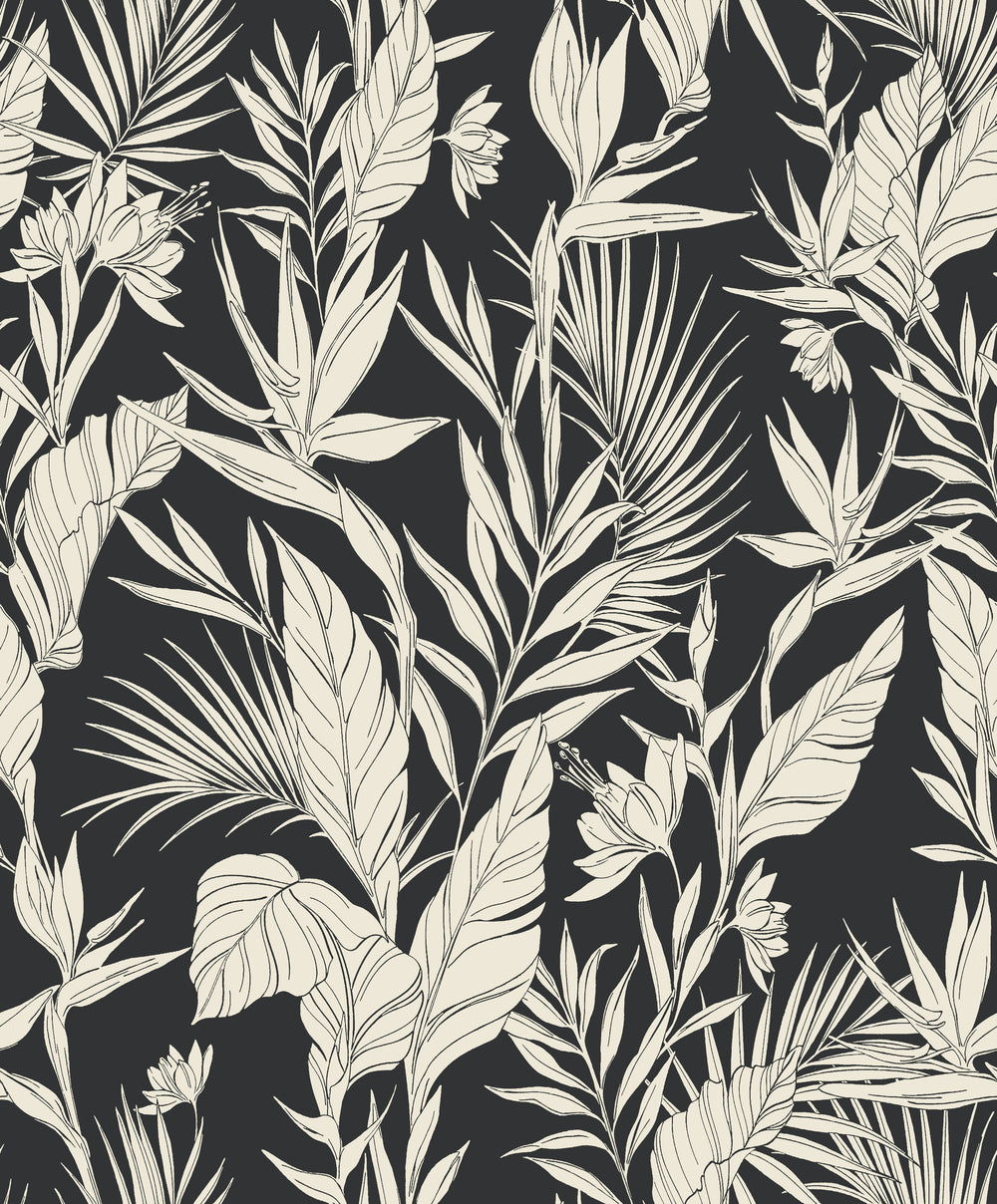 Black All Over Branches & Leaves Tropical Wallpaper R9313