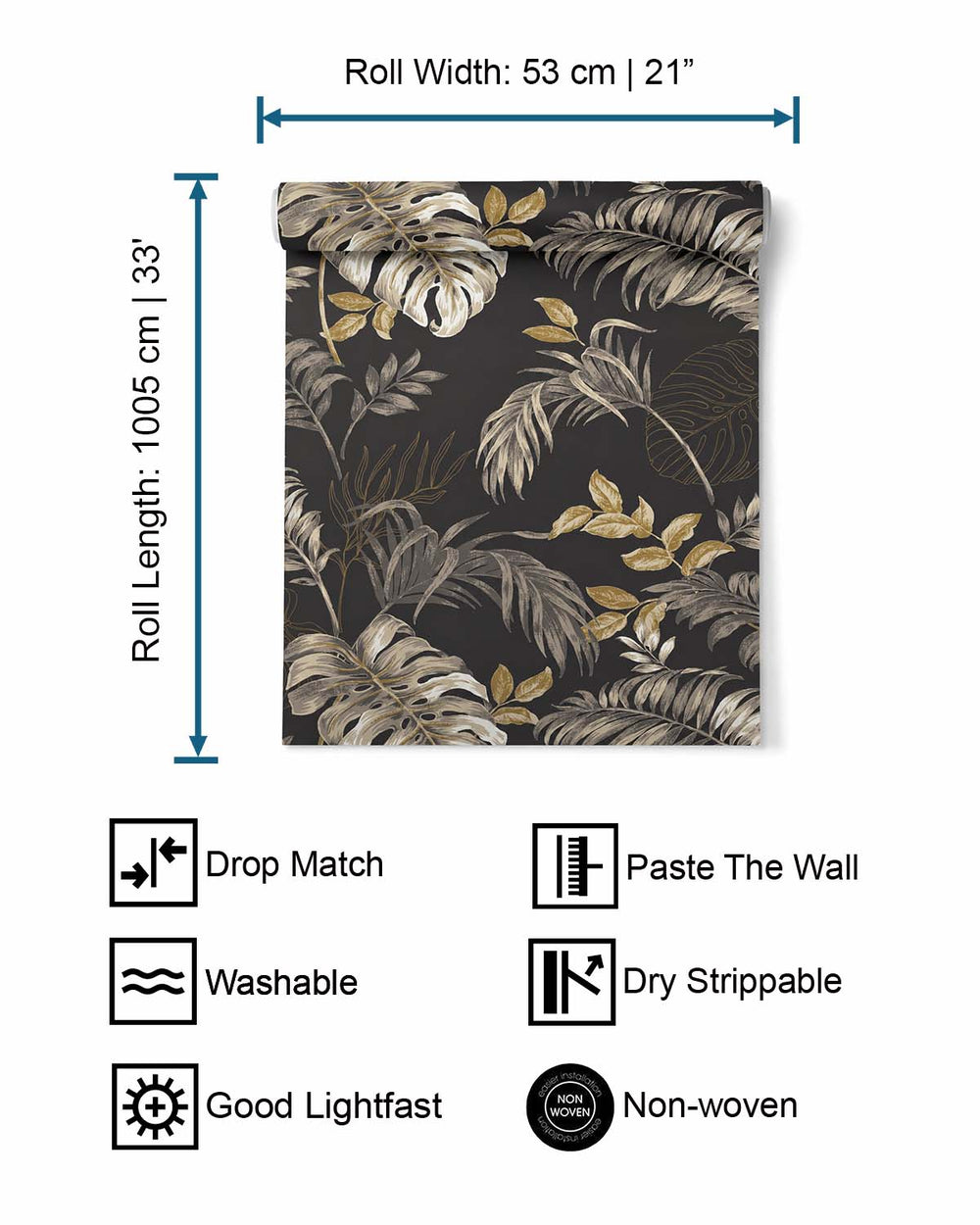 Black Tropical Leaves Botanical Wallpaper R9335