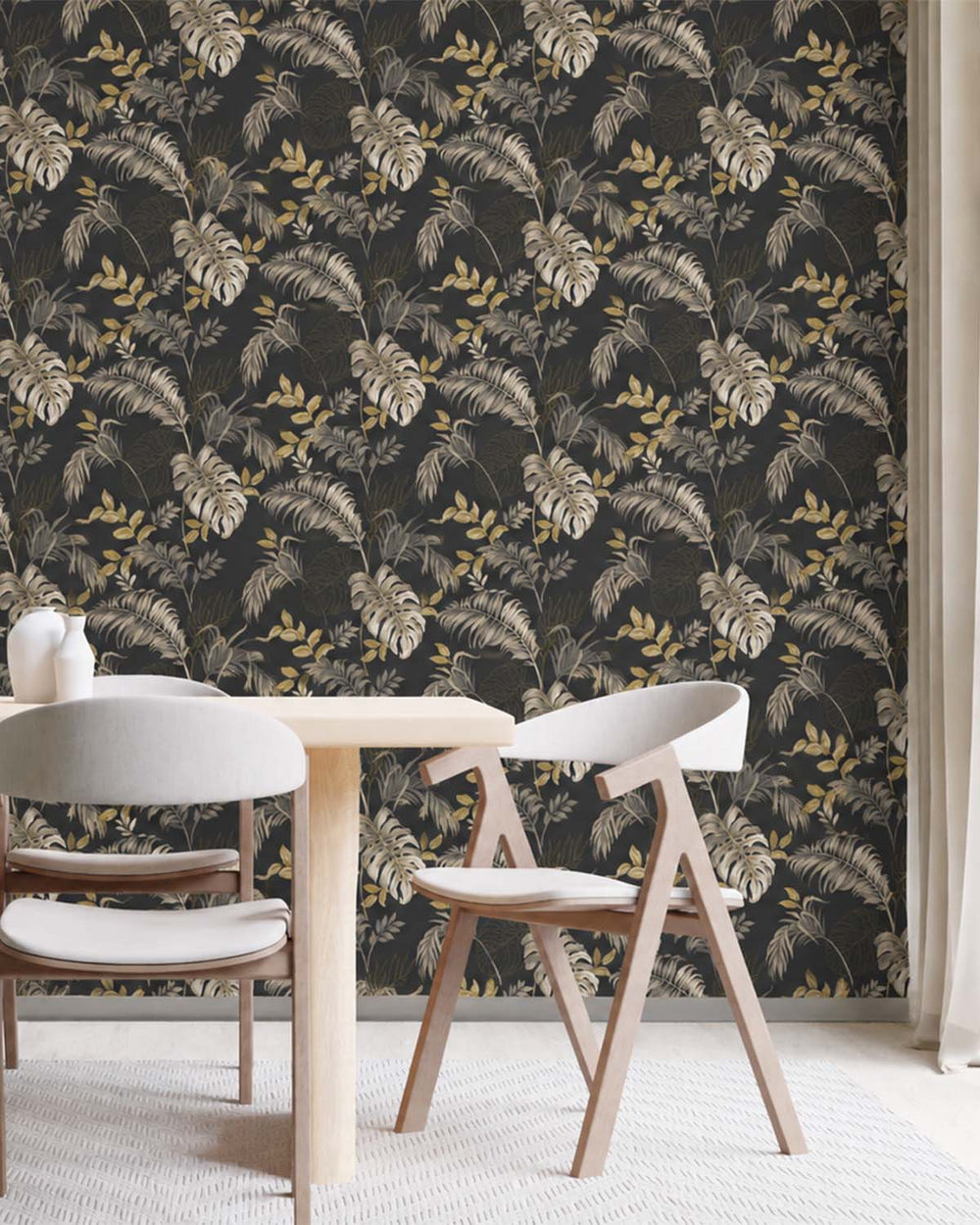 Black Tropical Leaves Botanical Wallpaper R9335