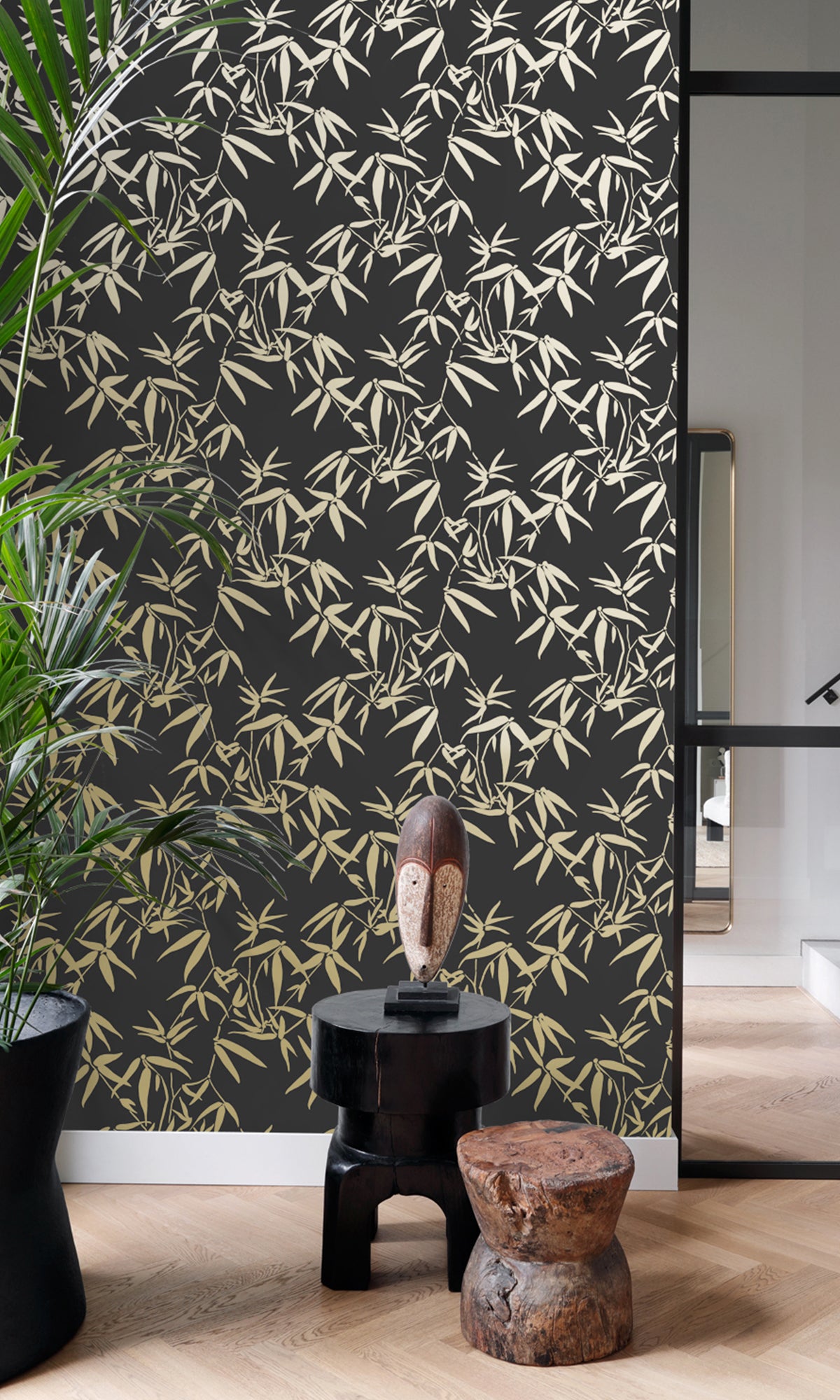 Black and Gold Bamboo Leaves Wallpaper R9375