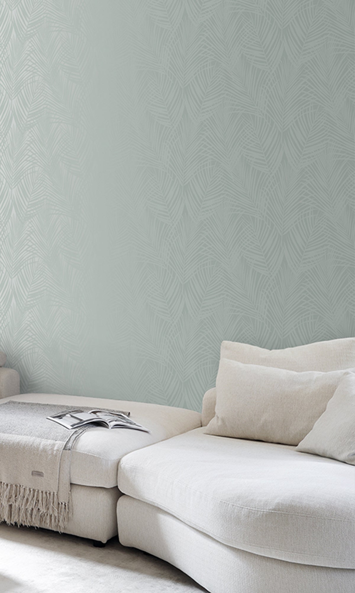 Celadon Green Palm Leaves Wallpaper R9380