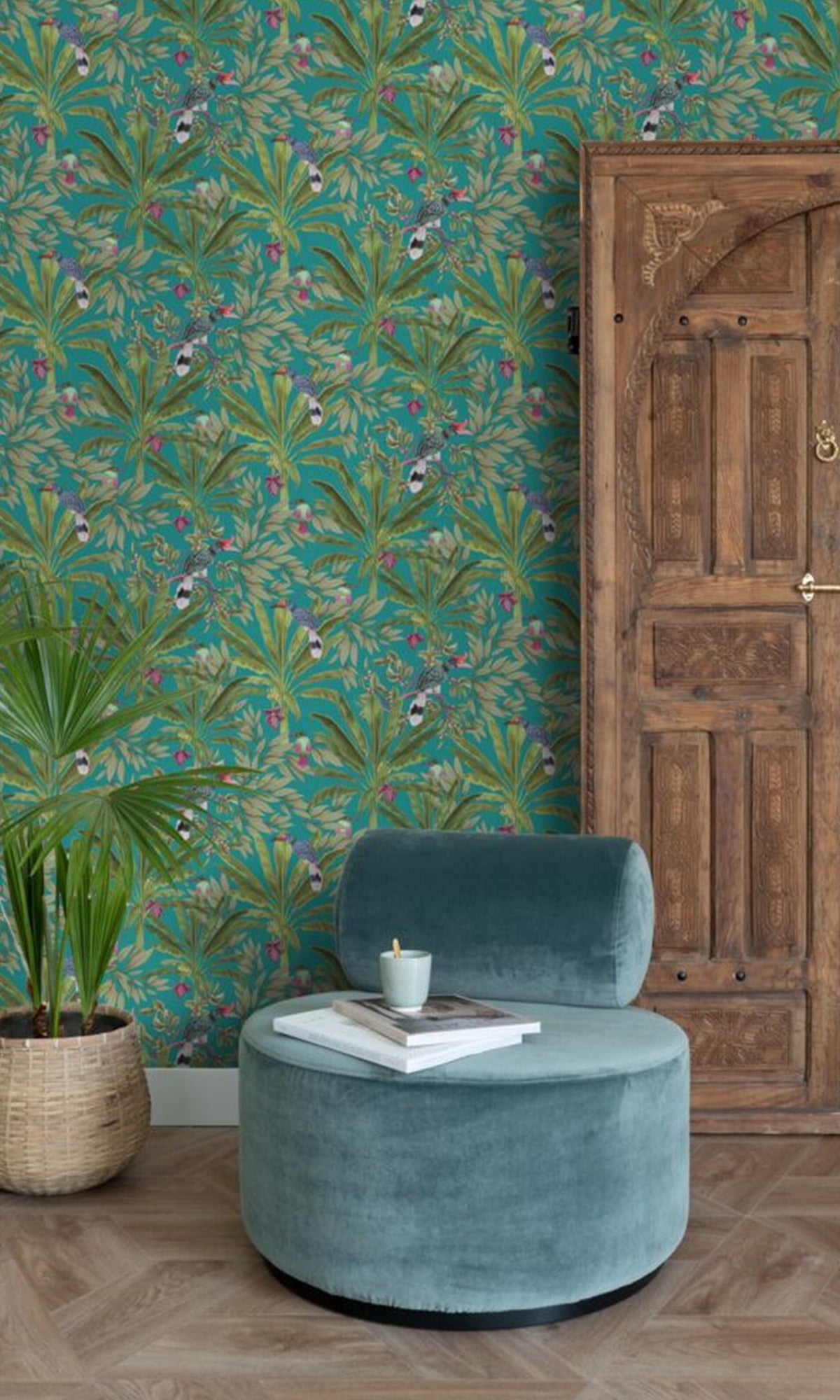 Paradise Petrol Blue and Jungle Green Tropical Jungle Leaves Wallpaper R9397