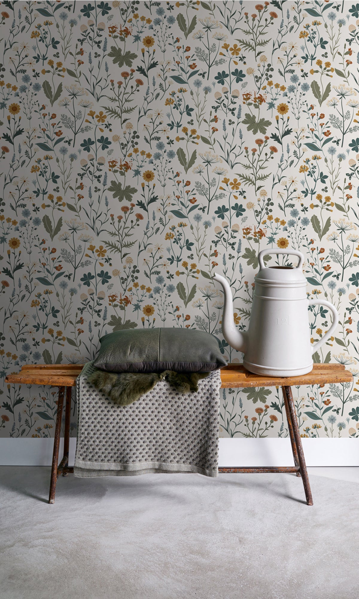 Mustard and Multi-colored Vintage Wildflowers Wallpaper R9398