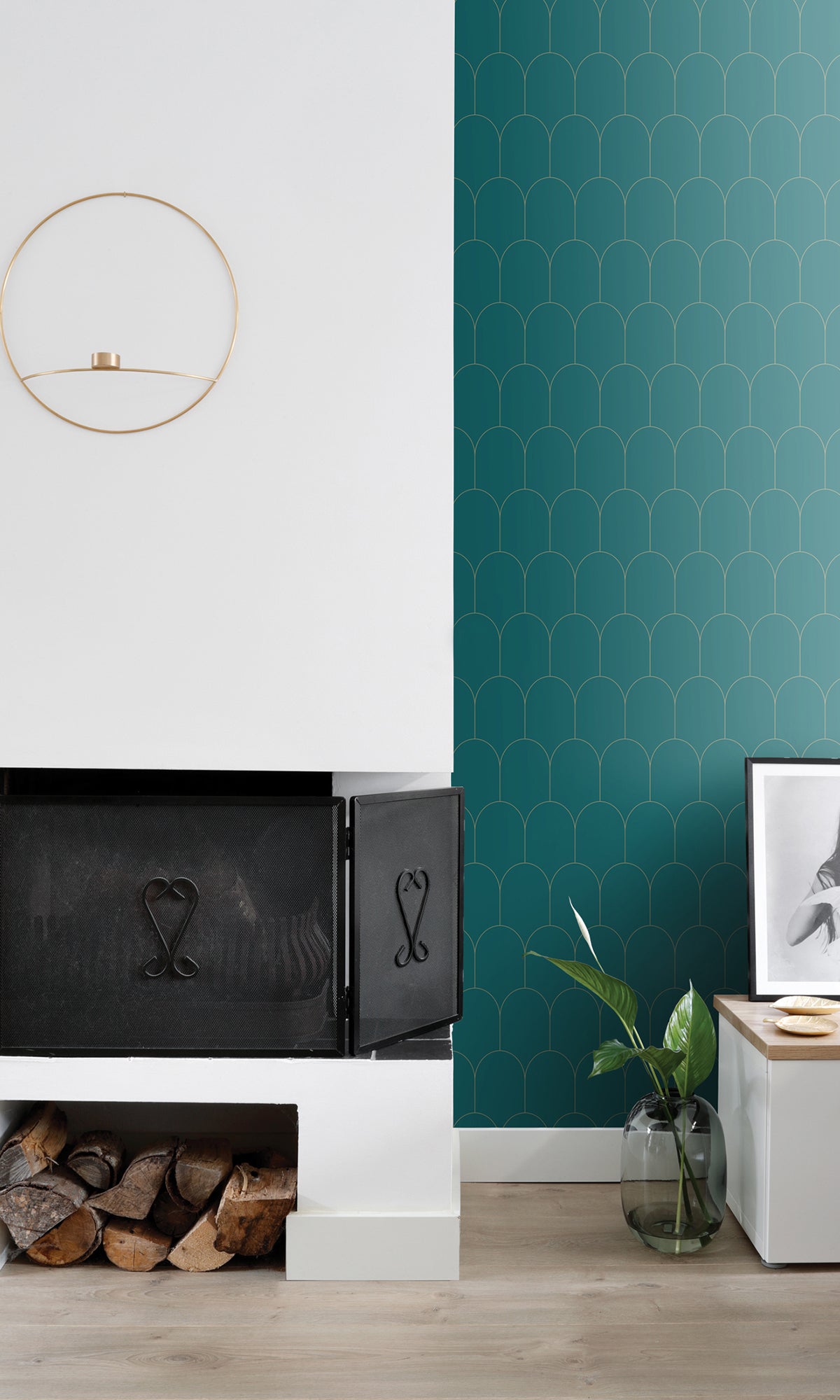 Teal and Gold Art Deco Motif Wallpaper R9430