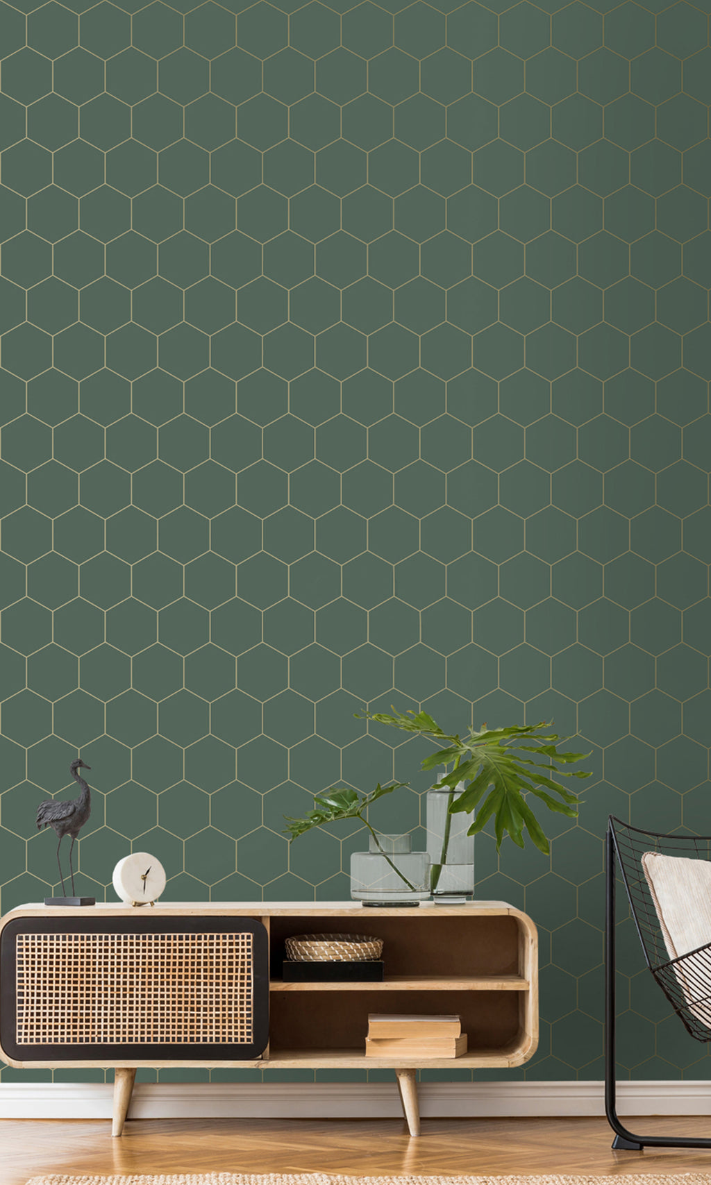 Dark Green and Gold Art Deco Honeycomb Wallpaper R9439 – Walls Republic US