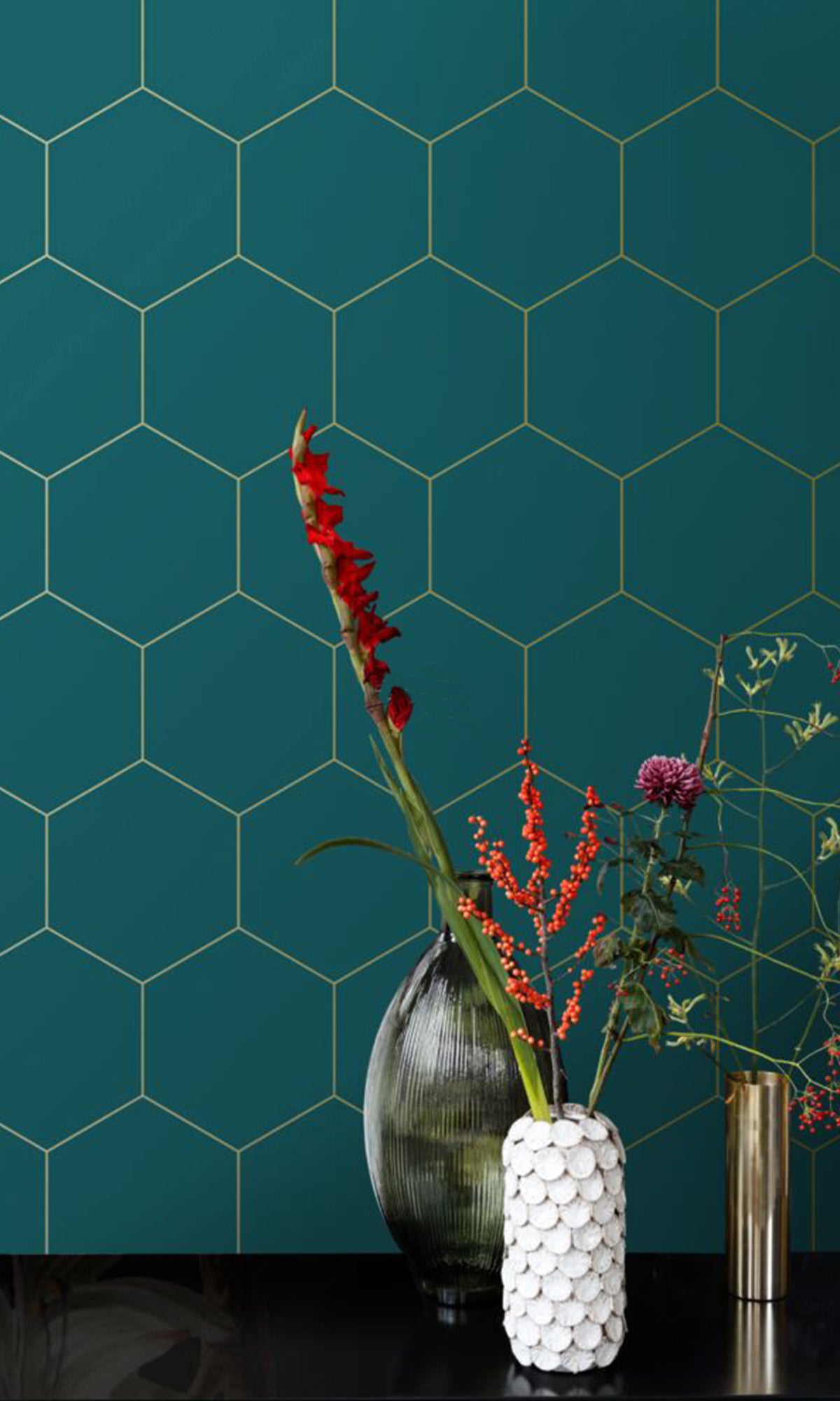 Petrol Blue and Gold Art Deco Honeycomb Wallpaper R9441