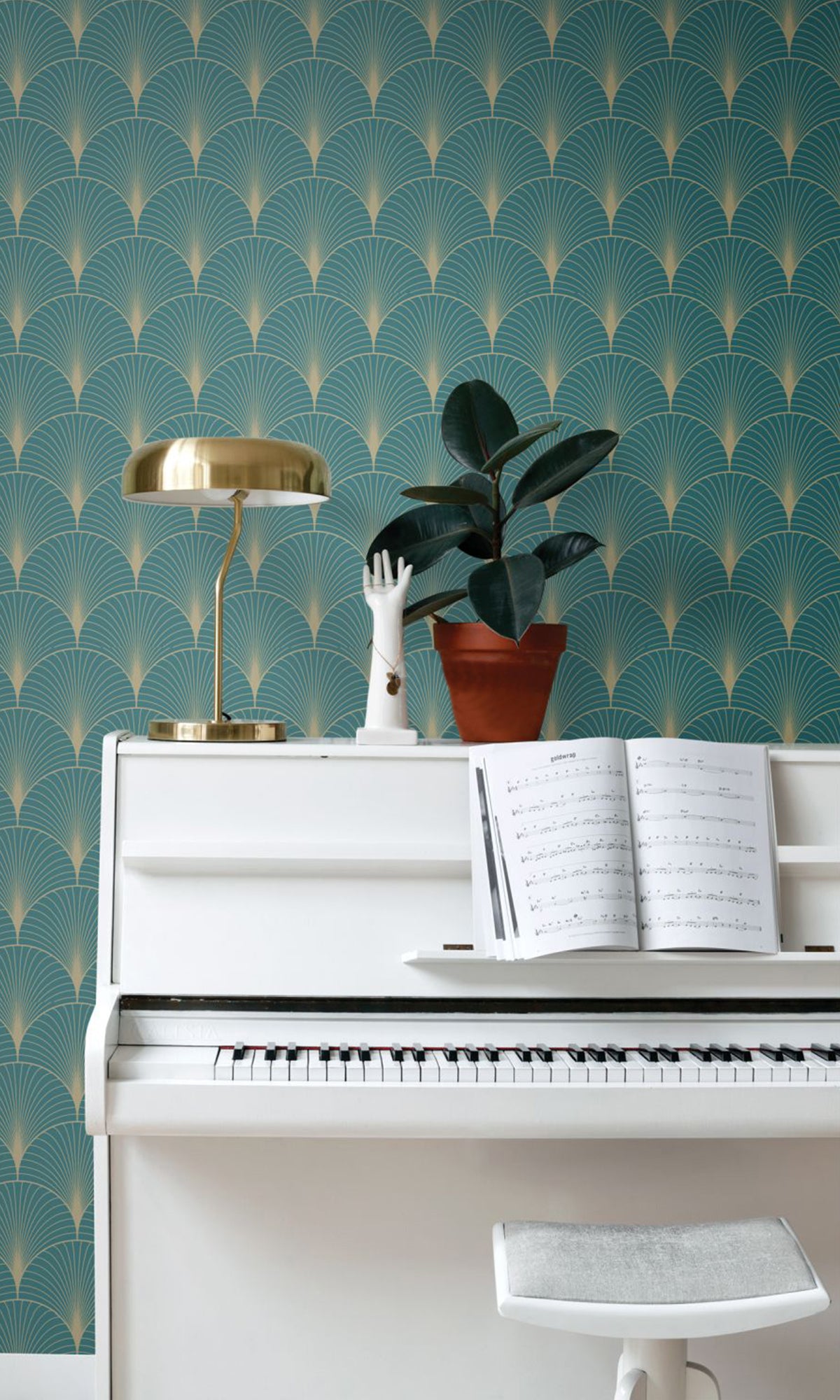 Green and Gold Art Deco Motif Wallpaper R9443