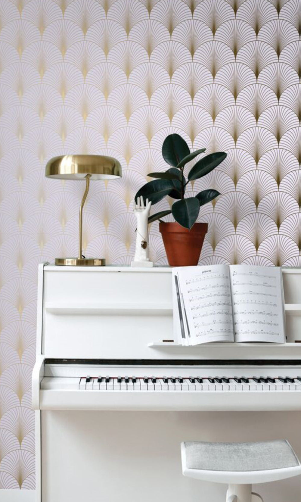 Lilac Purple and Gold Art Deco Motif Wallpaper R9447