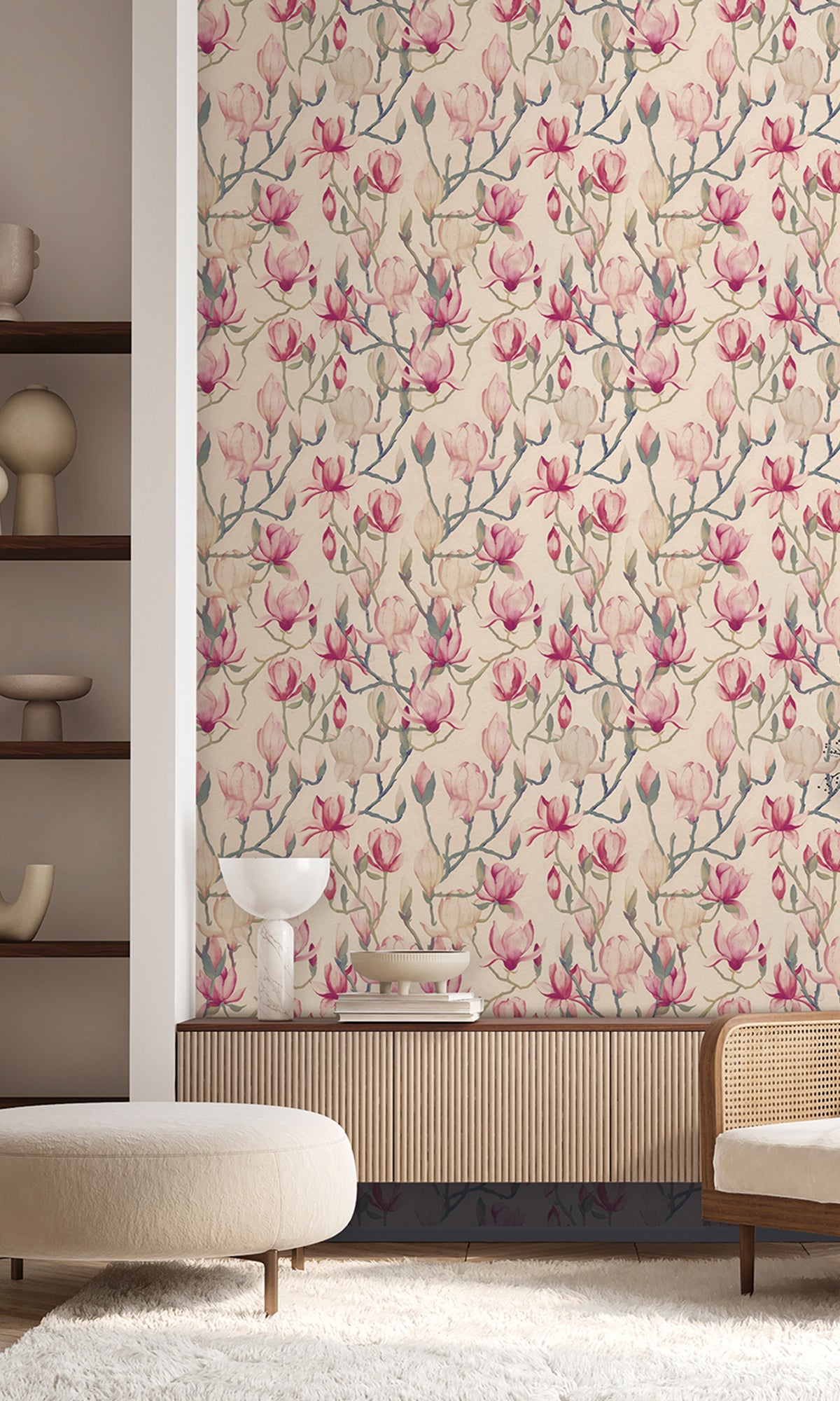 Beige Magnolia Flowers Textured Wallpaper R9496