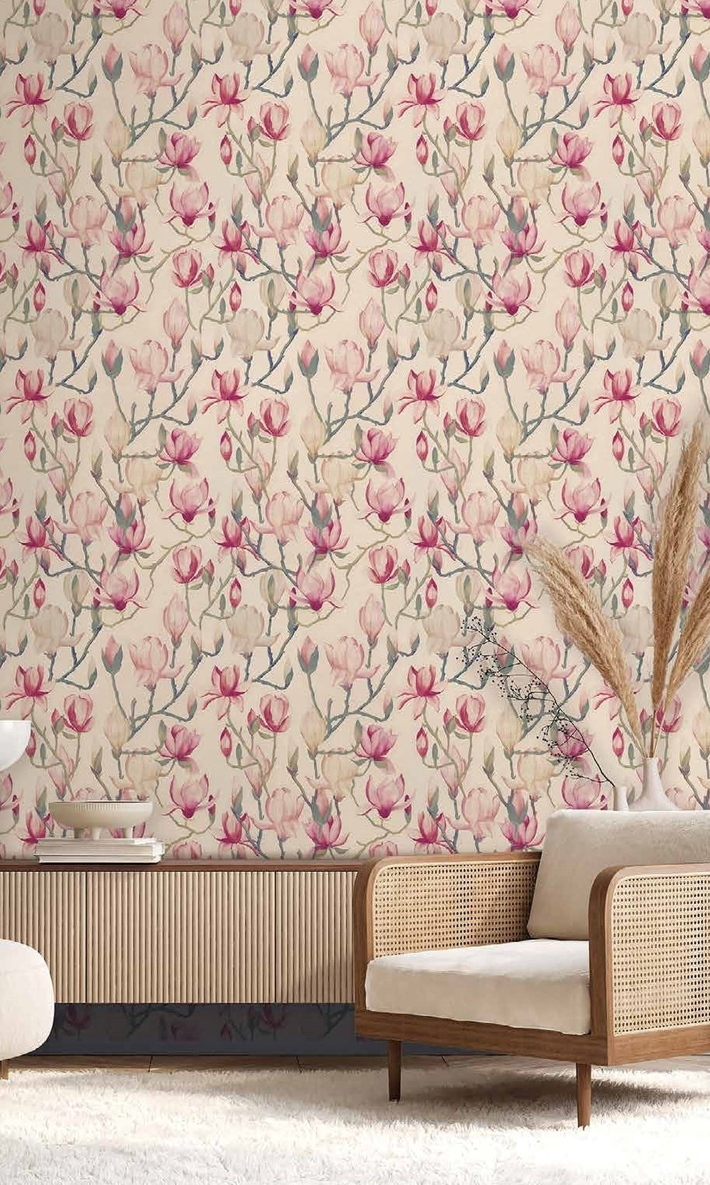 Beige Magnolia Flowers Textured Wallpaper R9496