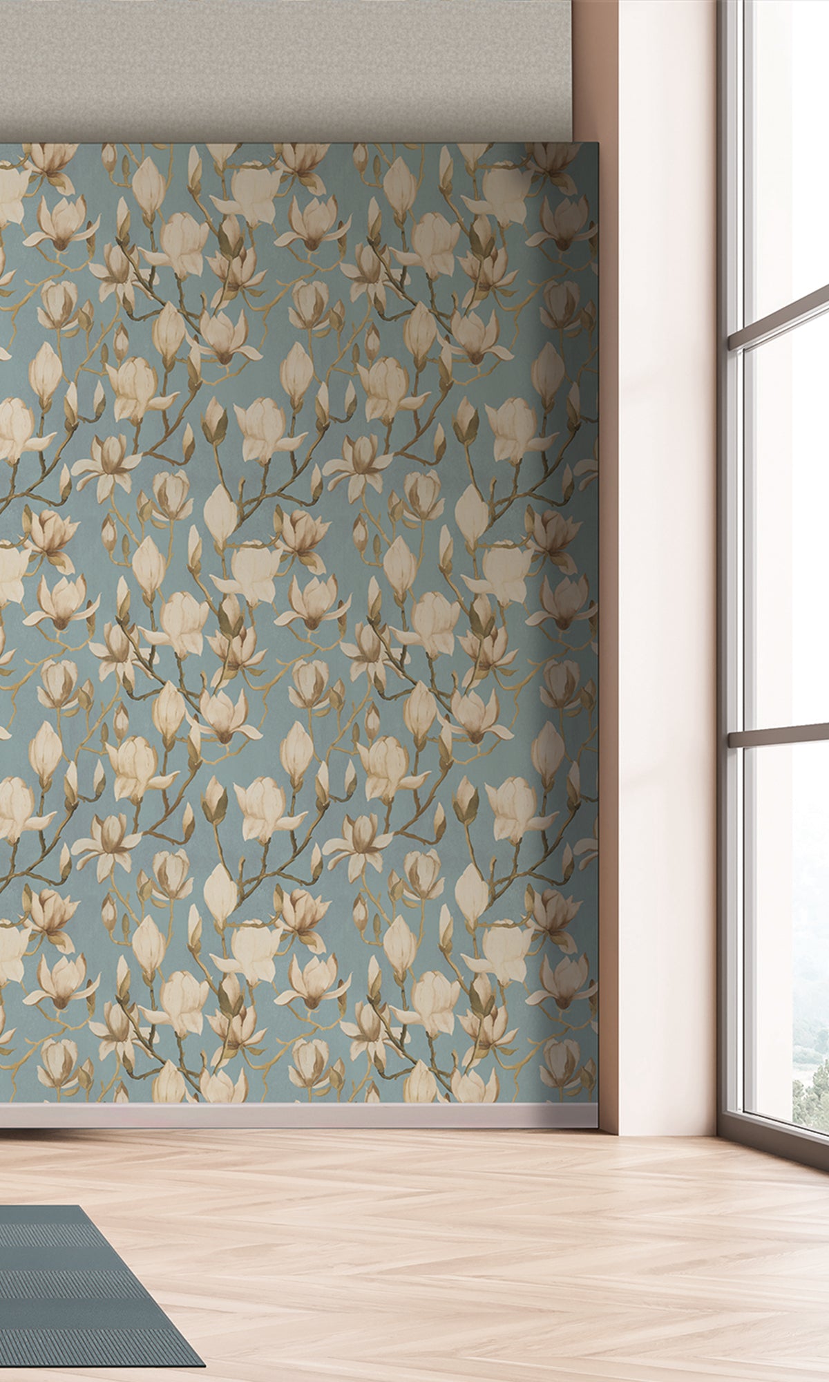 Light Blue Fog Magnolia Flowers Textured Wallpaper R9497