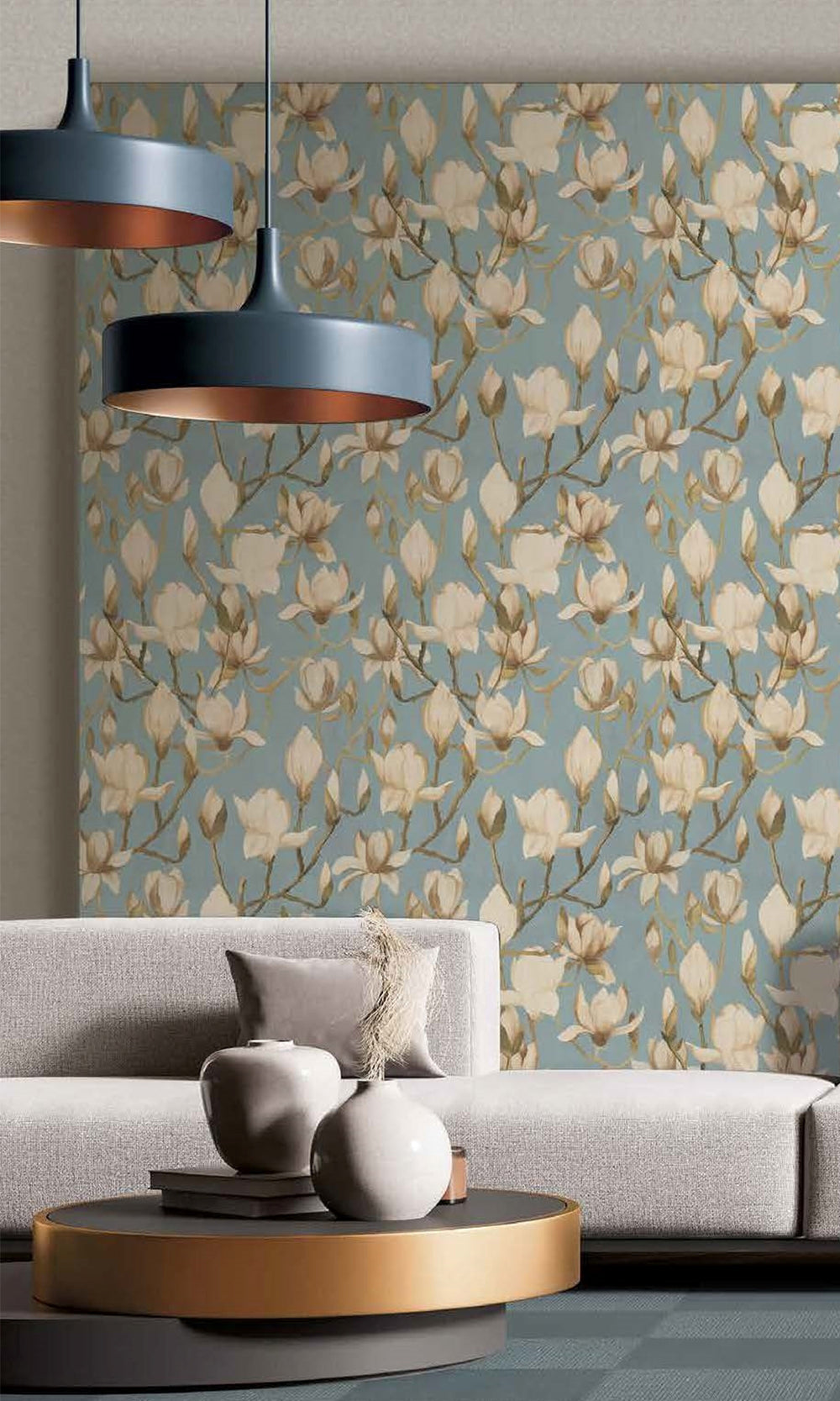 Light Blue Fog Magnolia Flowers Textured Wallpaper R9497