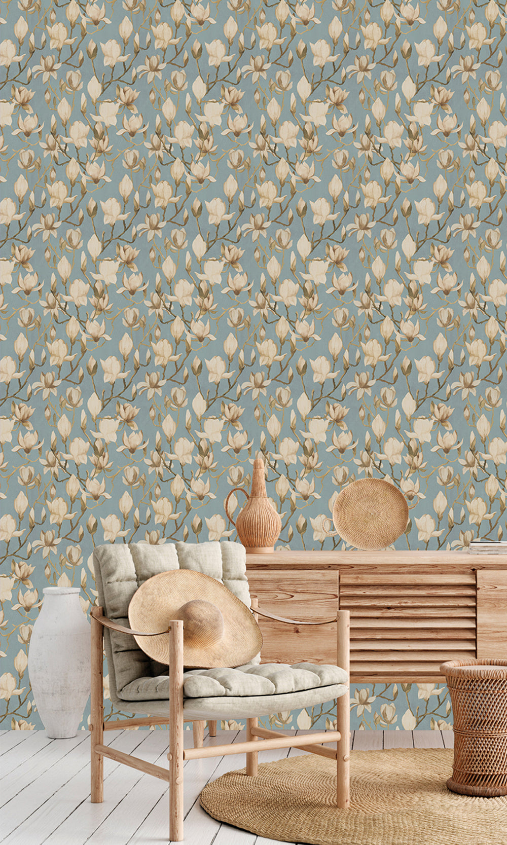 Light Blue Fog Magnolia Flowers Textured Wallpaper R9497
