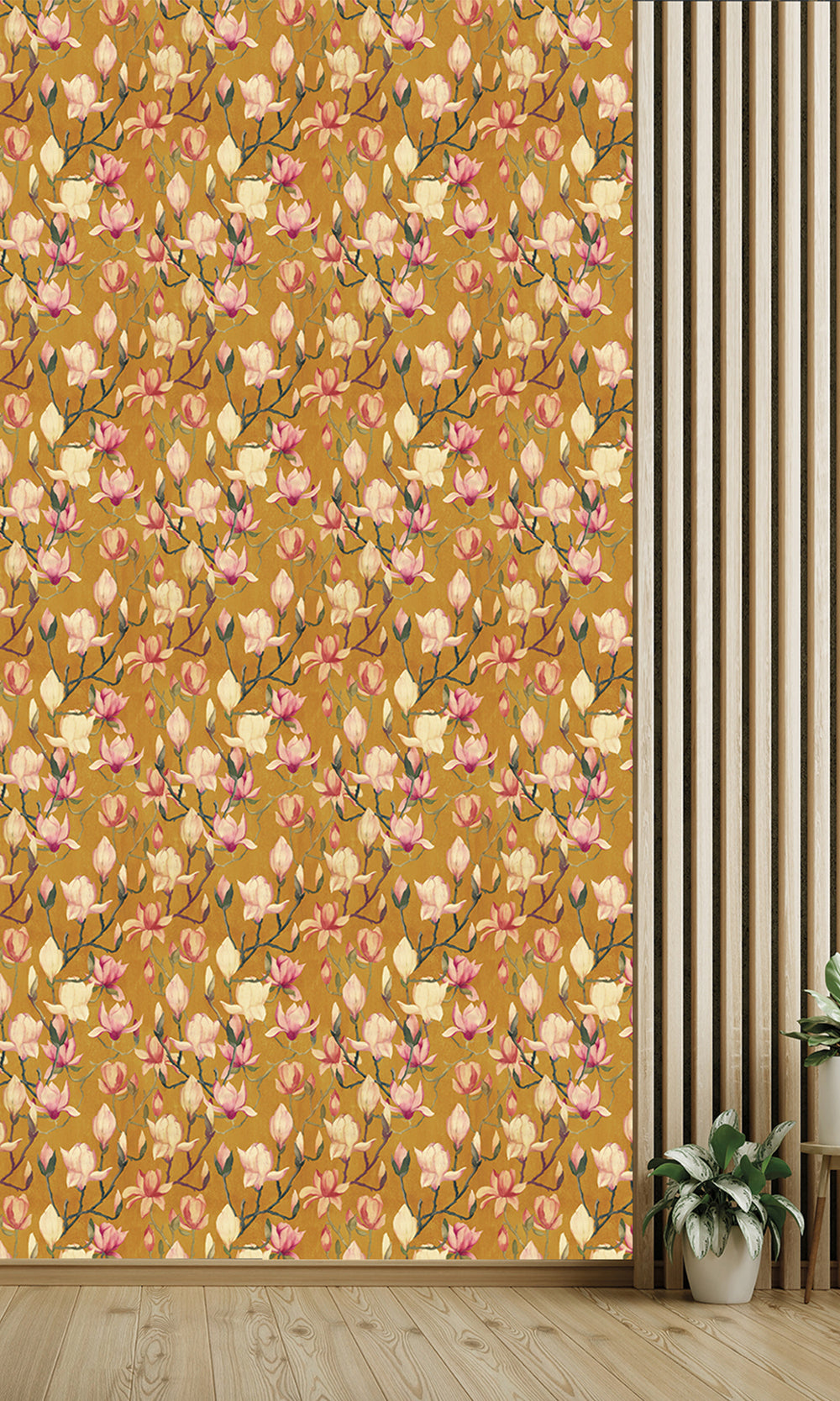 Ochre Magnolia Flowers Textured Wallpaper R9498