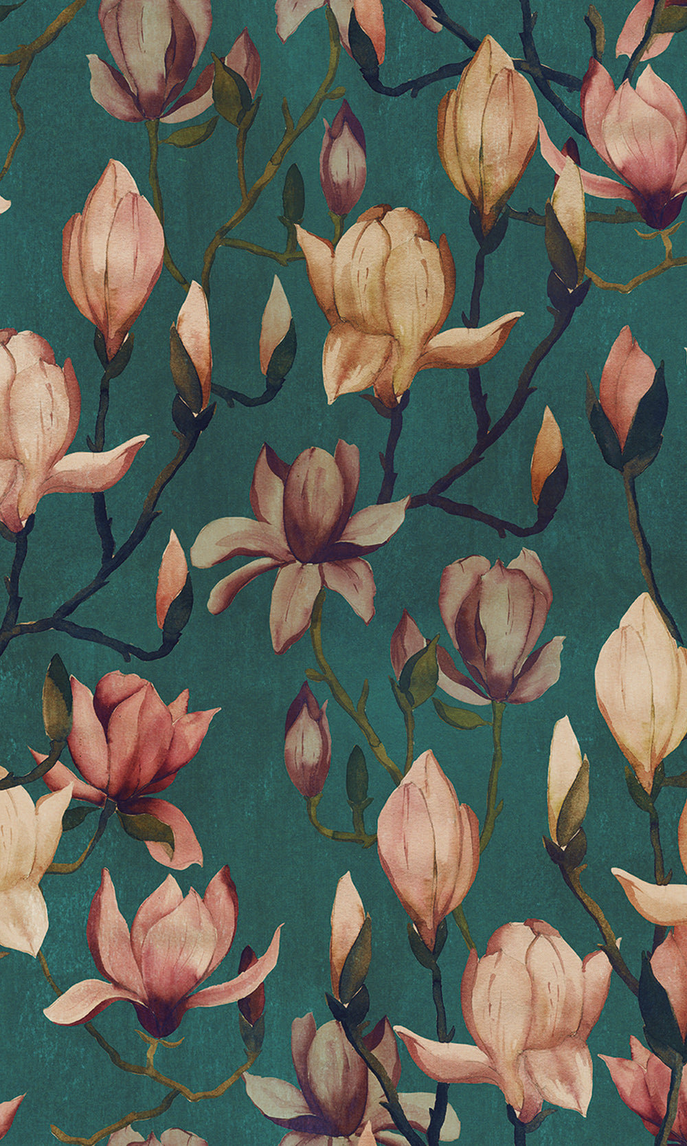 Heron Green Magnolia Flowers Textured Wallpaper R9499