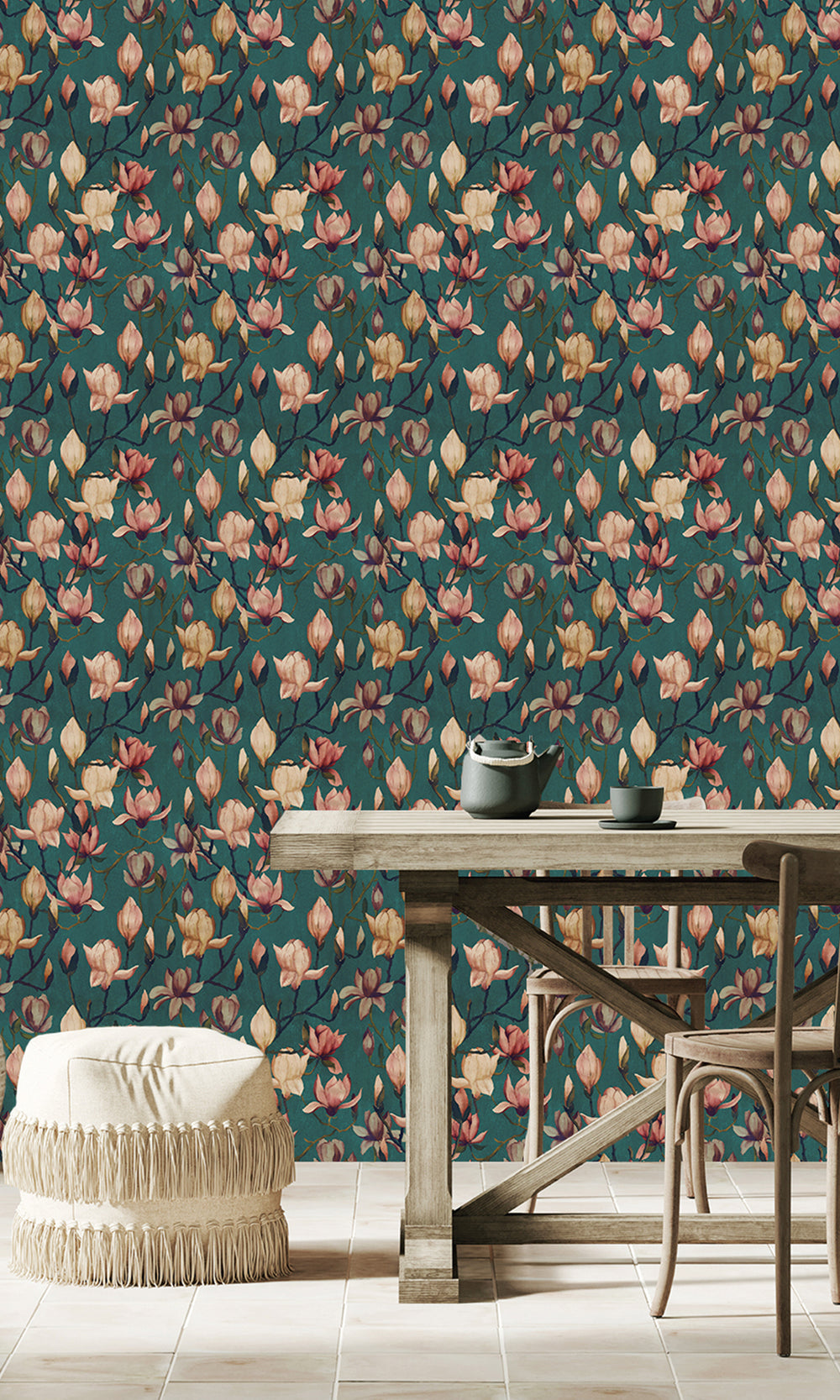 Heron Green Magnolia Flowers Textured Wallpaper R9499