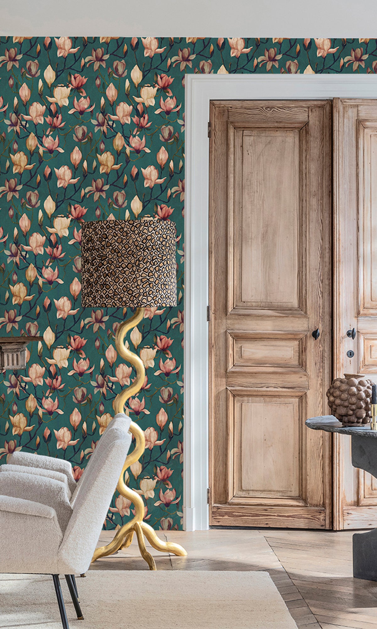 Heron Green Magnolia Flowers Textured Wallpaper R9499