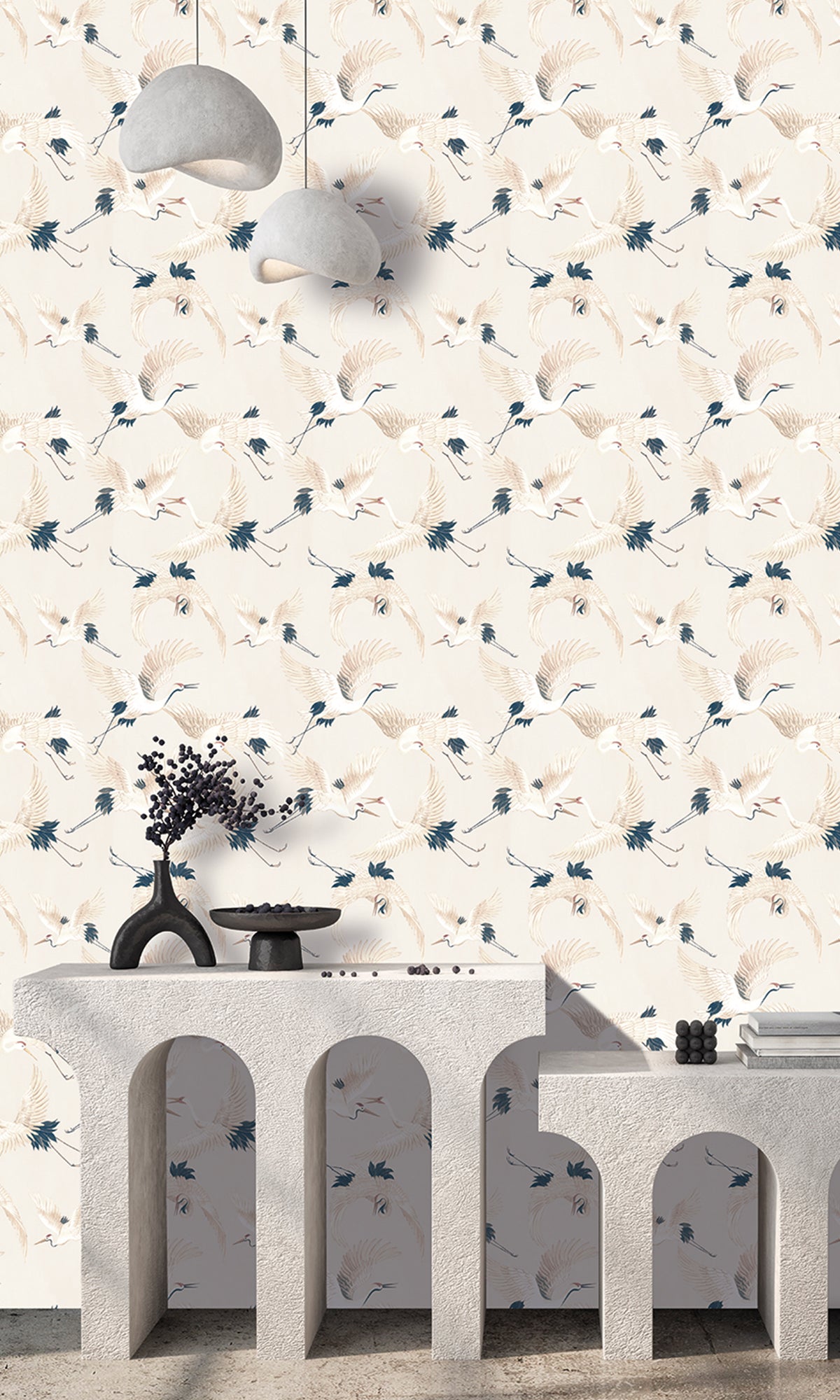 Light Grey Cranes In Flight Textured Wallpaper R9500