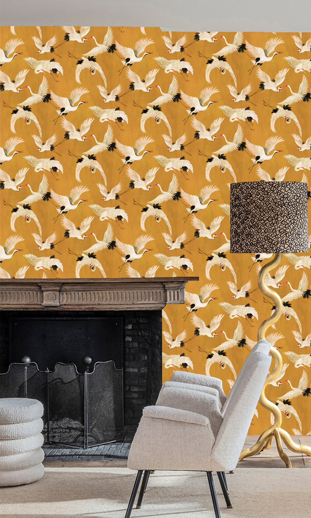 Ochre Cranes In Flight Textured Wallpaper R9502
