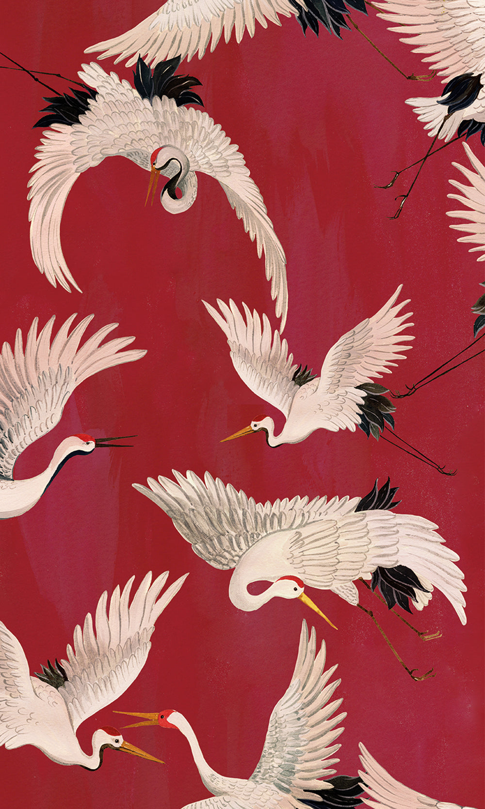 Burgundy Cranes In Flight Textured Wallpaper R9503