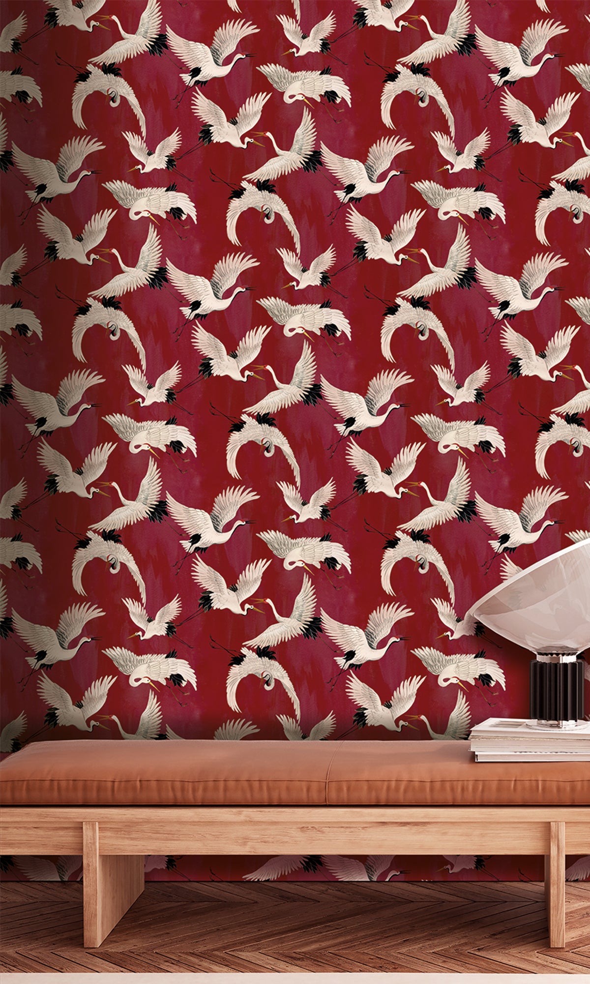 Burgundy Cranes In Flight Textured Wallpaper R9503