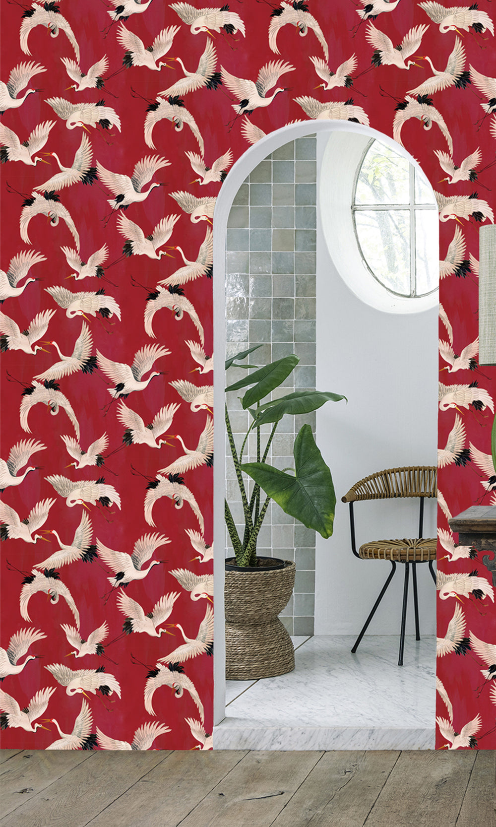 Burgundy Cranes In Flight Textured Wallpaper R9503