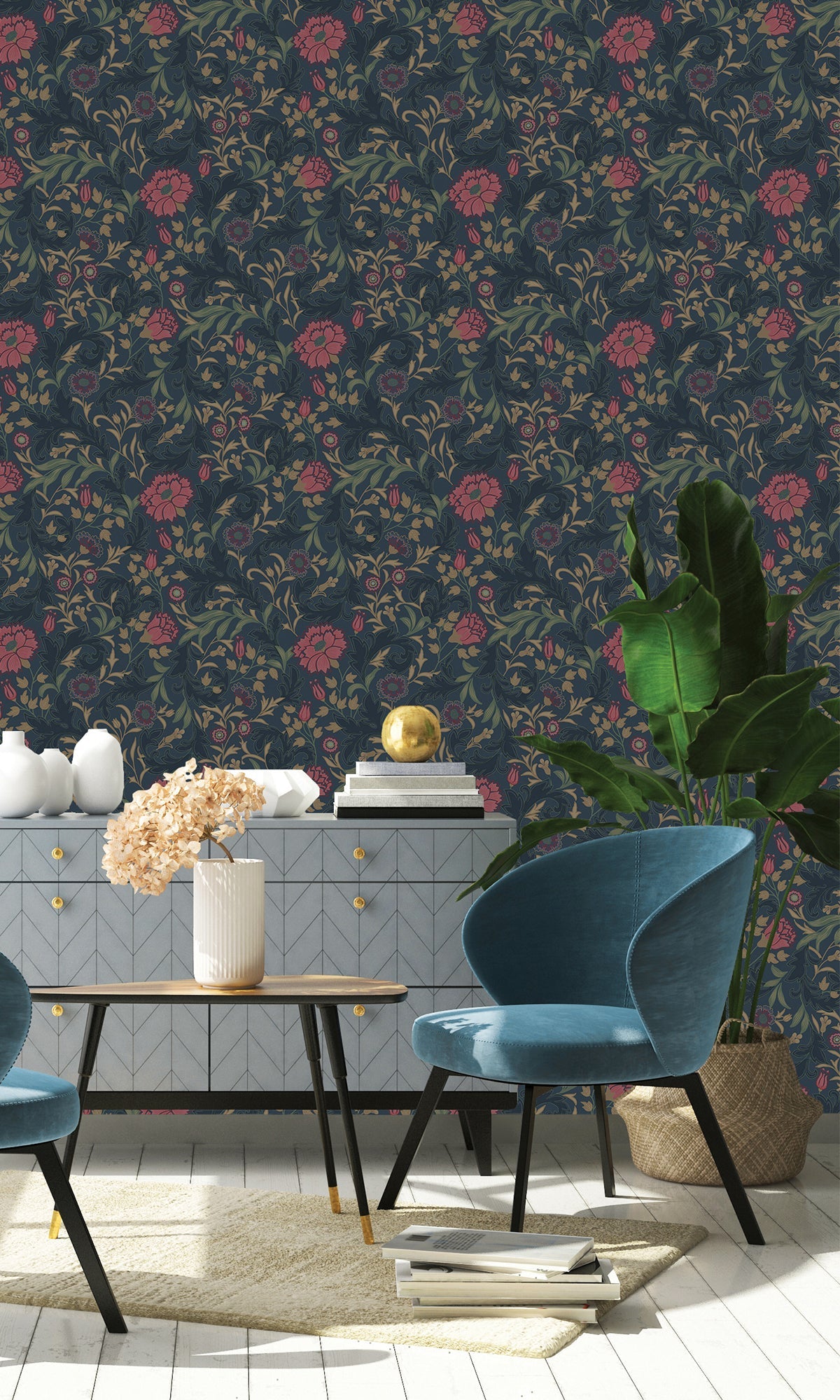 navy colored wallpaper, Floral wallpaper, trailing flowers wallpaper, Timeless elegance, Eleganza Wallpaper Collection, Eleganza Collection,  dark floral wallpaper, dark vintage floral wallpaper, New Arrivals, Paste the Paper, Scrubbable, Good Lightfastness, Peelable, Interior designers‚Äö√Ñ√¥ choice, Bedroom Wallpaper, Living Room Wallpaper, Hallway Wallpaper, Dining Room Wallpaper, Trend 2025, 2025 wallpaper trends, wallpaper trend 2025, trending 2025 wallpapers