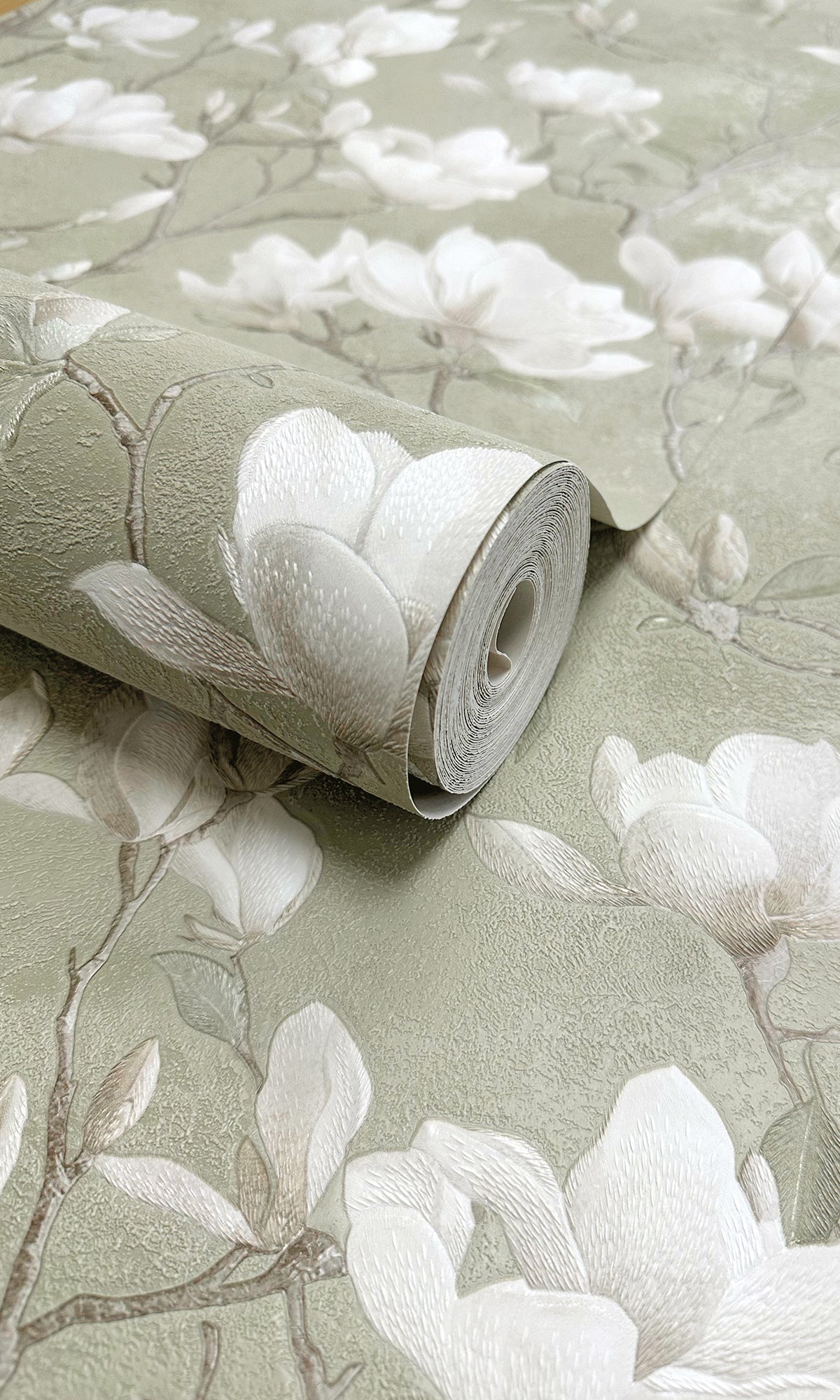 sage color wallpaper, floral wallpaper, magnolia print wallpaper, magnolia flowers wallpaper, magnolia trails wallpaper, Timeless elegance, Eleganza Wallpaper Collection, Eleganza Collection, Can be used for commercial spaces, Paper Substrate, New Arrivals, Paste the Paper, Scrubbable, Good Lightfastness, Peelable, Interior designers’ choice, Bedroom Wallpaper, Living Room Wallpaper, Hallway Wallpaper, Dining Room Wallpaper, Children's Room Wallpaper, Study Room Wallpaper, Home Office Wallpaper, Powder Room