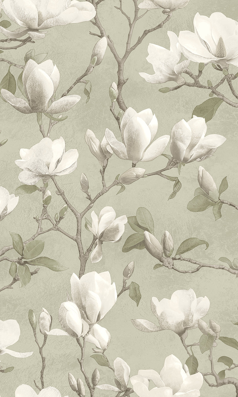 sage color wallpaper, floral wallpaper, magnolia print wallpaper, magnolia flowers wallpaper, magnolia trails wallpaper, Timeless elegance, Eleganza Wallpaper Collection, Eleganza Collection, Can be used for commercial spaces, Paper Substrate, New Arrivals, Paste the Paper, Scrubbable, Good Lightfastness, Peelable, Interior designers’ choice, Bedroom Wallpaper, Living Room Wallpaper, Hallway Wallpaper, Dining Room Wallpaper, Children's Room Wallpaper, Study Room Wallpaper, Home Office Wallpaper, Powder Room