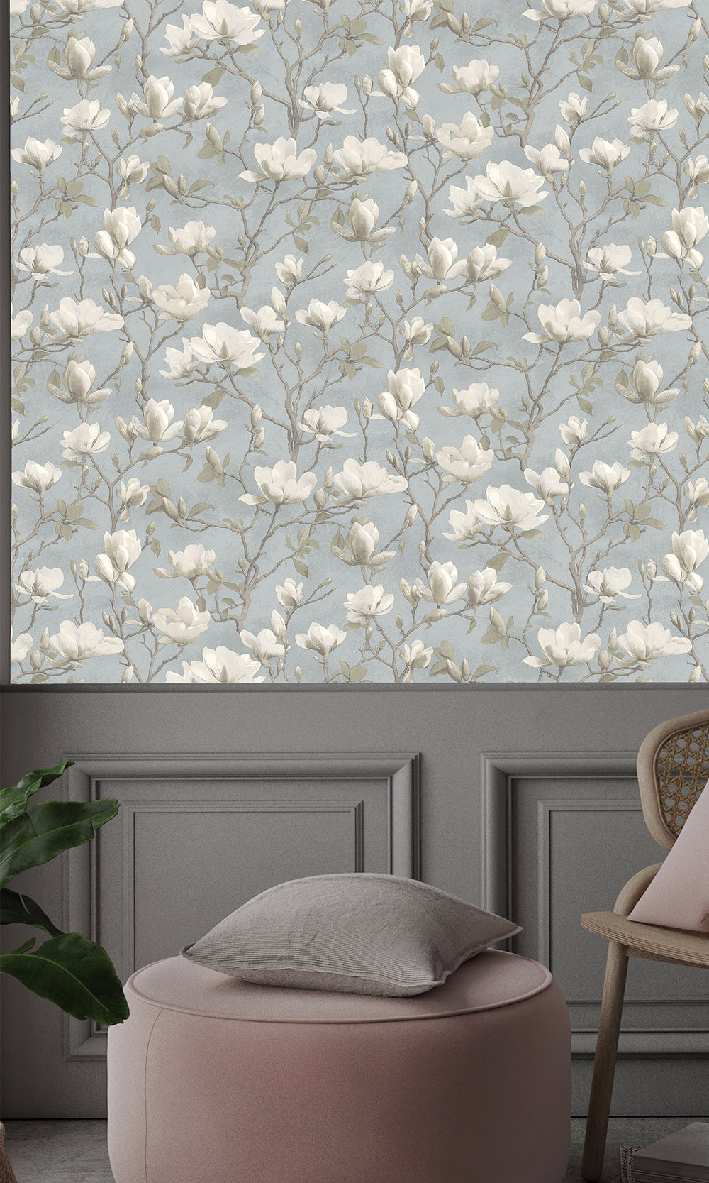 blue wallpaper,floral wallpaper, magnolia print wallpaper, magnolia flowers wallpaper, magnolia trails wallpaper, Timeless elegance, Eleganza Wallpaper Collection, Eleganza Collection, Can be used for commercial spaces, Paper Substrate, New Arrivals, Paste the Paper, Scrubbable, Good Lightfastness, Peelable, Interior designers‚Äô choice, Bedroom Wallpaper, Living Room Wallpaper, Hallway Wallpaper, Dining Room Wallpaper, Children's Room Wallpaper, Study Room Wallpaper, Home Office Wallpaper, Powder Room Wall