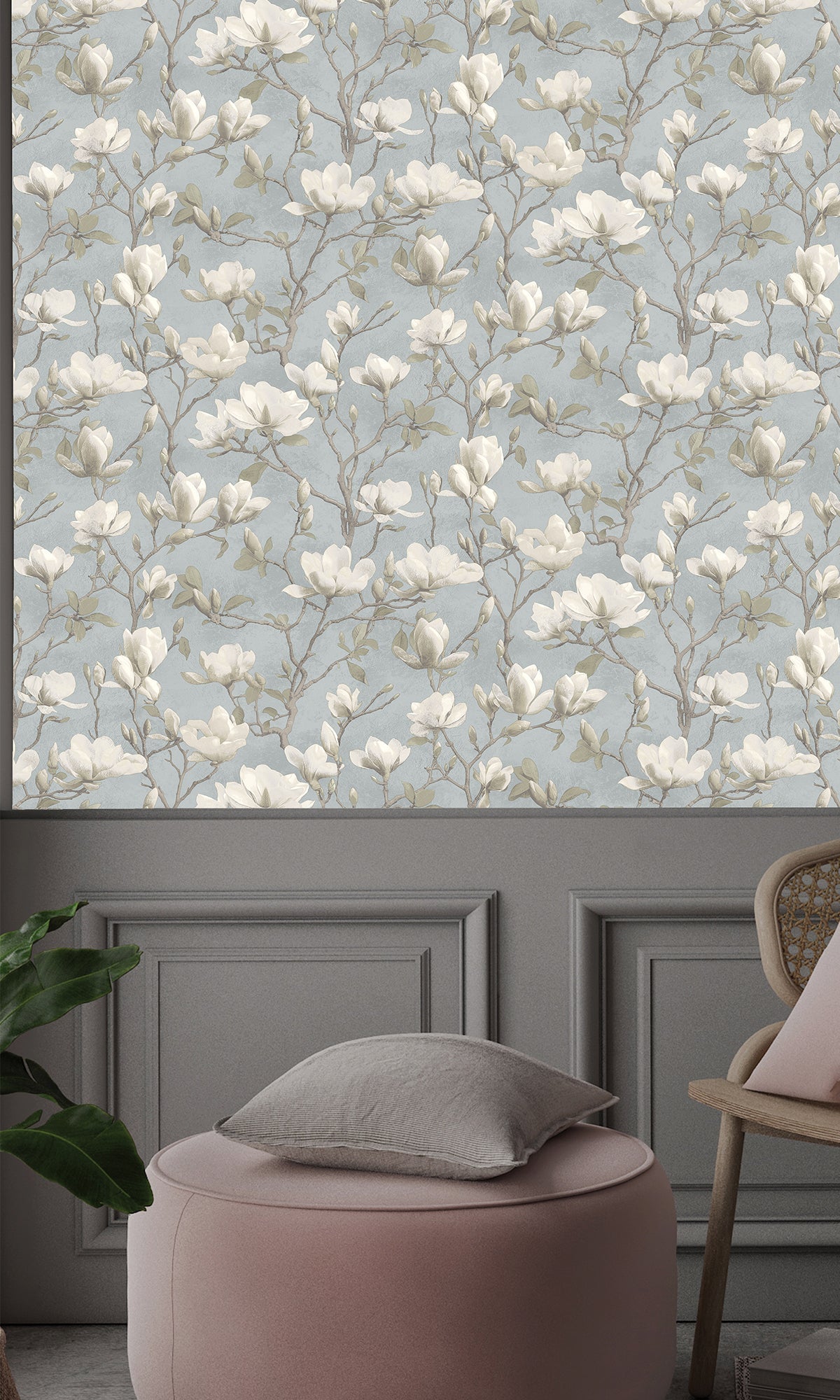 blue wallpaper,floral wallpaper, magnolia print wallpaper, magnolia flowers wallpaper, magnolia trails wallpaper, Timeless elegance, Eleganza Wallpaper Collection, Eleganza Collection, Can be used for commercial spaces, Paper Substrate, New Arrivals, Paste the Paper, Scrubbable, Good Lightfastness, Peelable, Interior designers‚Äô choice, Bedroom Wallpaper, Living Room Wallpaper, Hallway Wallpaper, Dining Room Wallpaper, Children's Room Wallpaper, Study Room Wallpaper, Home Office Wallpaper, Powder Room Wall