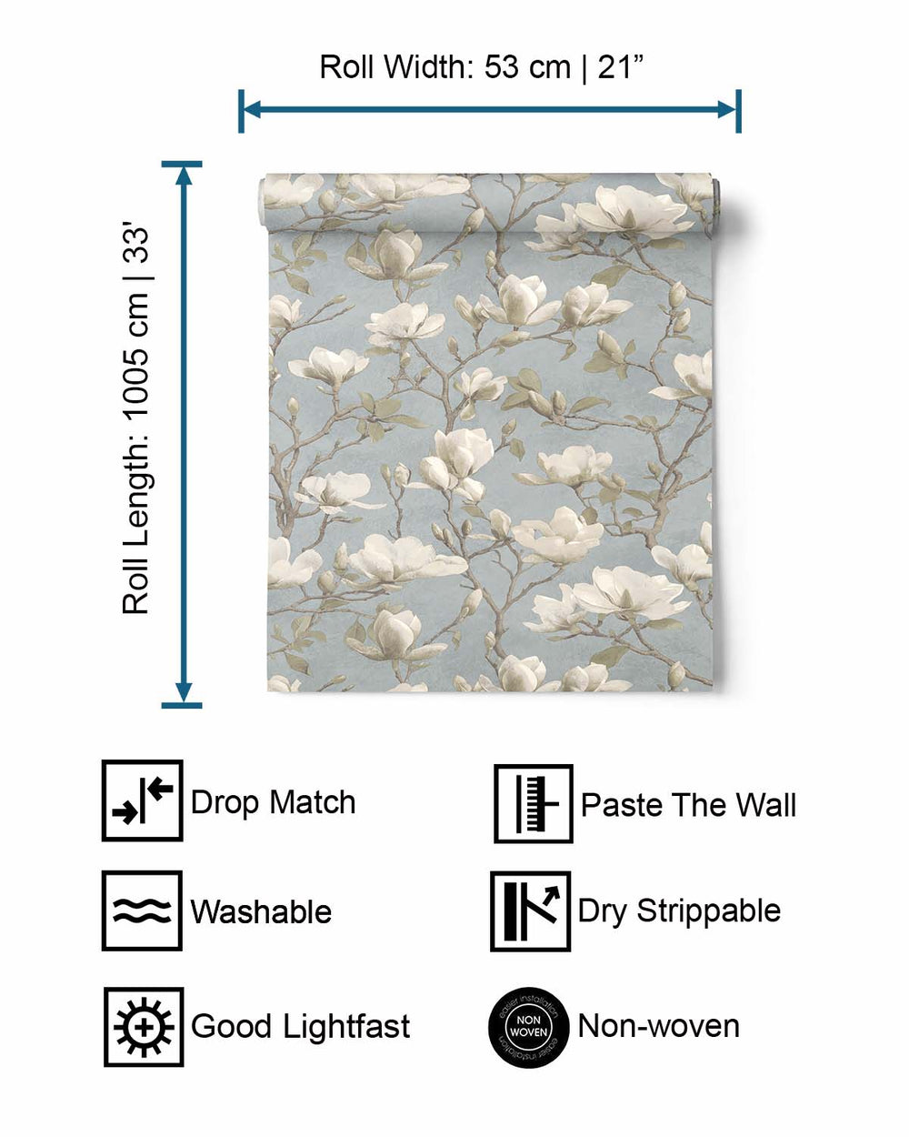 Blue Meandering Magnolias Printed Wallpaper R9539