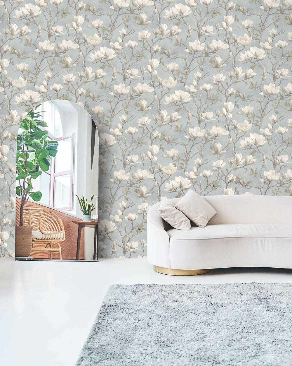 Blue Meandering Magnolias Printed Wallpaper R9539
