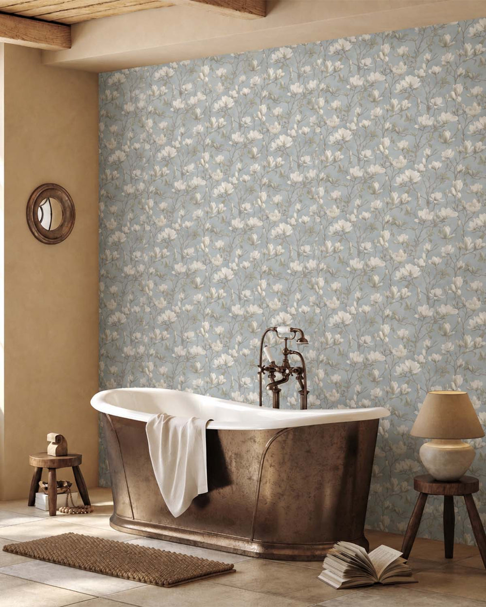 Blue Meandering Magnolias Printed Wallpaper R9539