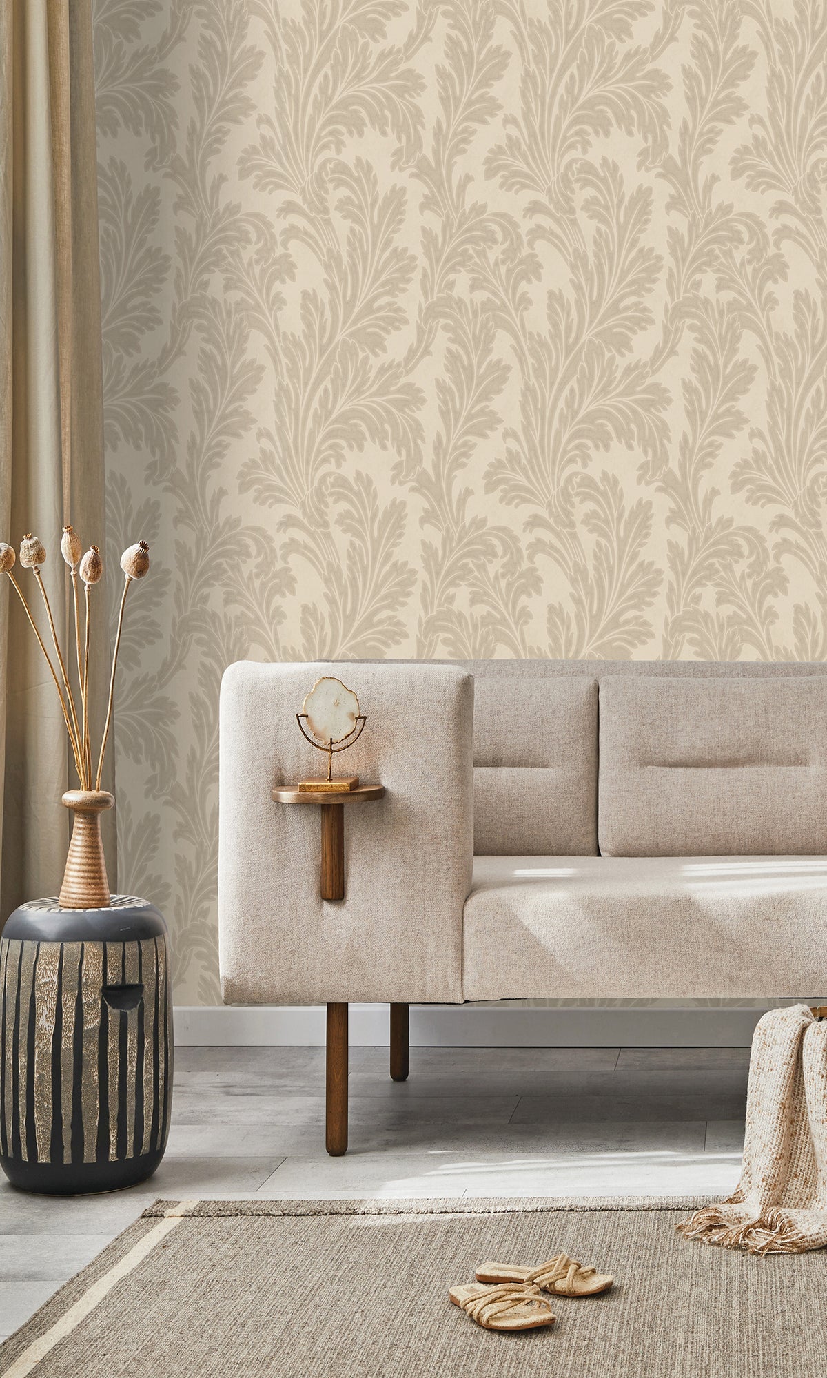 beige wallpaper, embossed wallpaper, leaf print wallpaper, acanthus leaf wallpaper, embossed leaves wallpaper, embossed acanthus leaf wallpaper, Timeless elegance, Eleganza Wallpaper Collection, Eleganza Collection, Can be used for commercial spaces, Paper Substrate, New Arrivals, Paste the Paper, Scrubbable, Good Lightfastness, Peelable, Interior designers‚Äö√Ñ√¥ choice, Bedroom Wallpaper, Living Room Wallpaper, Hallway Wallpaper, Dining Room Wallpaper, Children's Room Wallpaper, Study Room Wallpaper