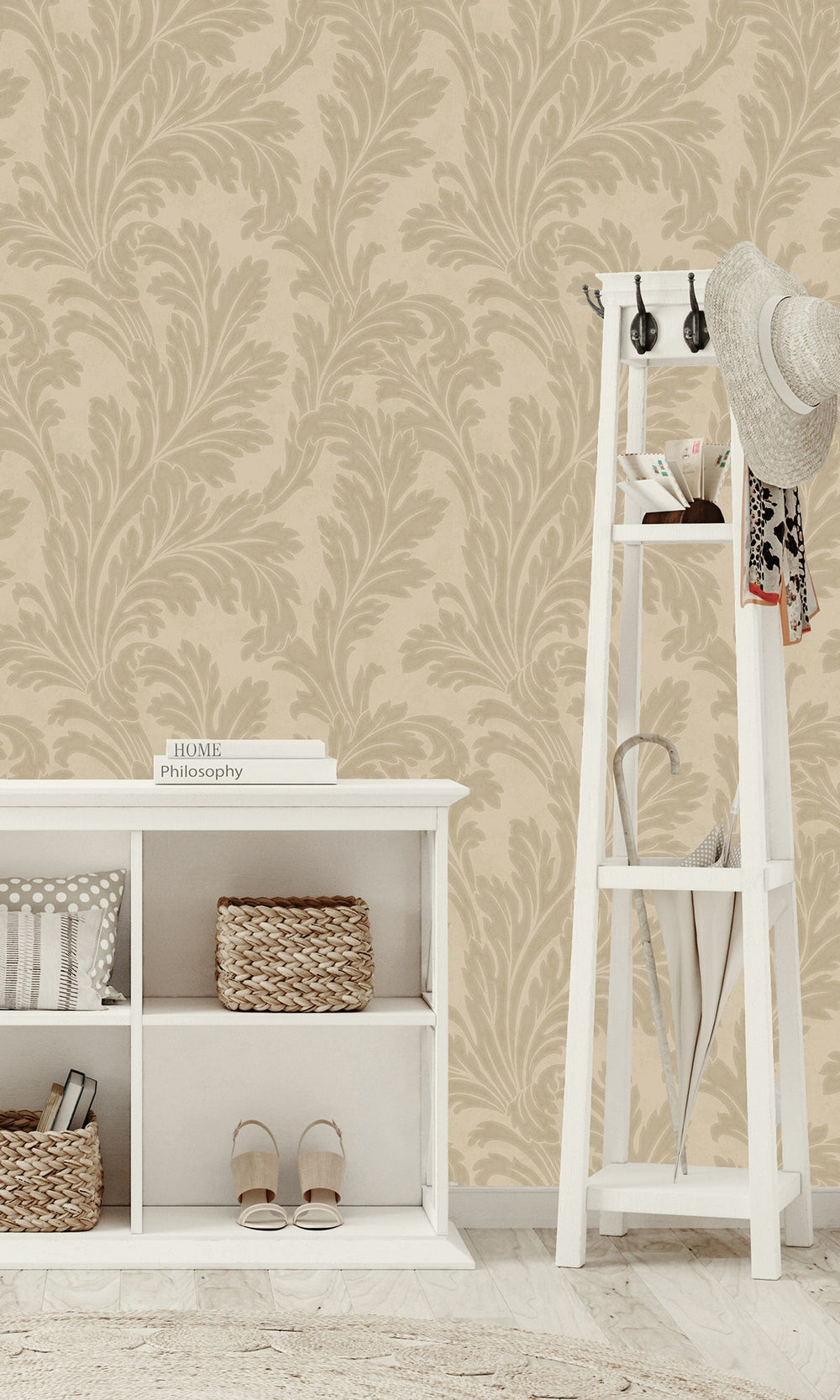 taupe wallpaper, embossed wallpaper, leaf print wallpaper, acanthus leaf wallpaper, embossed leaves wallpaper, embossed acanthus leaf wallpaper, Timeless elegance, Eleganza Wallpaper Collection, Eleganza Collection, Can be used for commercial spaces, Paper Substrate, New Arrivals, Paste the Paper, Scrubbable, Good Lightfastness, Peelable, Interior designers‚Äö√Ñ√¥ choice, Bedroom Wallpaper, Living Room Wallpaper, Hallway Wallpaper, Dining Room Wallpaper, Children's Room Wallpaper, Study Room Wallpaper