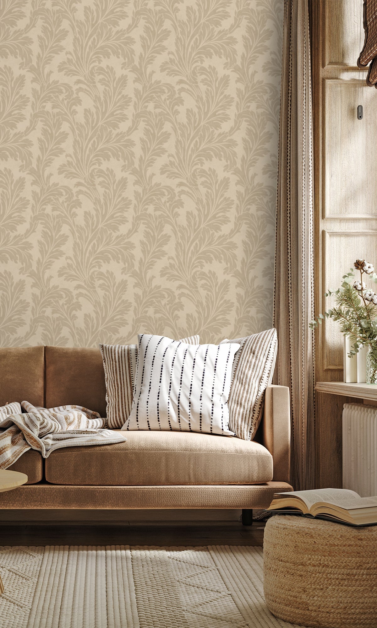 taupe wallpaper, embossed wallpaper, leaf print wallpaper, acanthus leaf wallpaper, embossed leaves wallpaper, embossed acanthus leaf wallpaper, Timeless elegance, Eleganza Wallpaper Collection, Eleganza Collection, Can be used for commercial spaces, Paper Substrate, New Arrivals, Paste the Paper, Scrubbable, Good Lightfastness, Peelable, Interior designers‚Äö√Ñ√¥ choice, Bedroom Wallpaper, Living Room Wallpaper, Hallway Wallpaper, Dining Room Wallpaper, Children's Room Wallpaper, Study Room Wallpaper