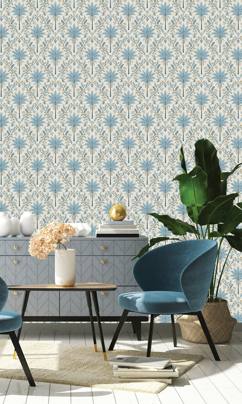 Blue Trellis and Focal Palm Trees Wallpaper R9592