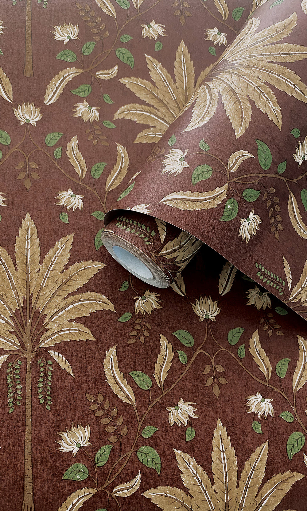 Maroon Trellis and Focal Palm Trees Wallpaper R9593