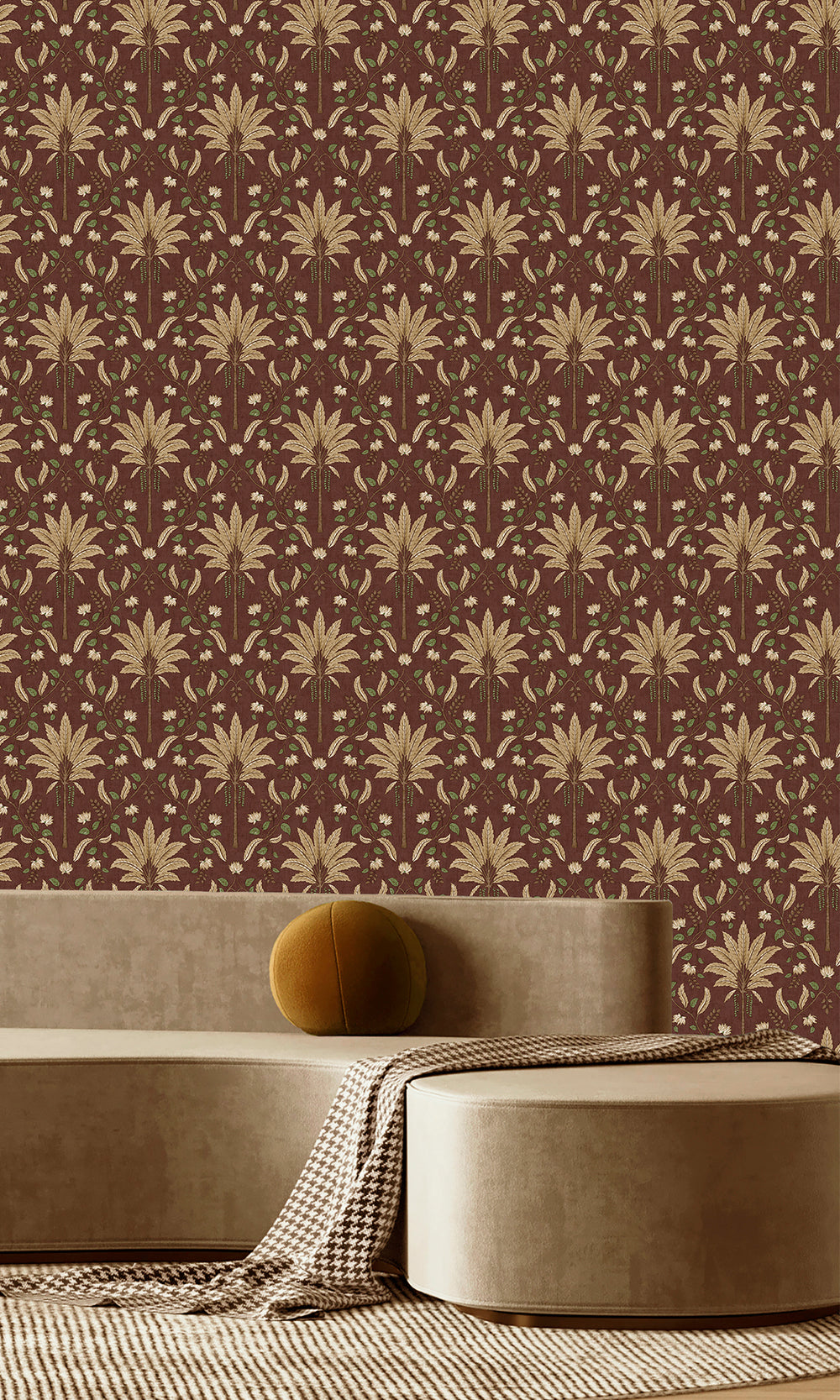 Maroon Trellis and Focal Palm Trees Wallpaper R9593