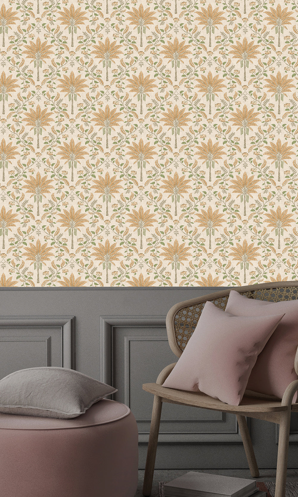 Orange Trellis and Focal Palm Trees Wallpaper R9594