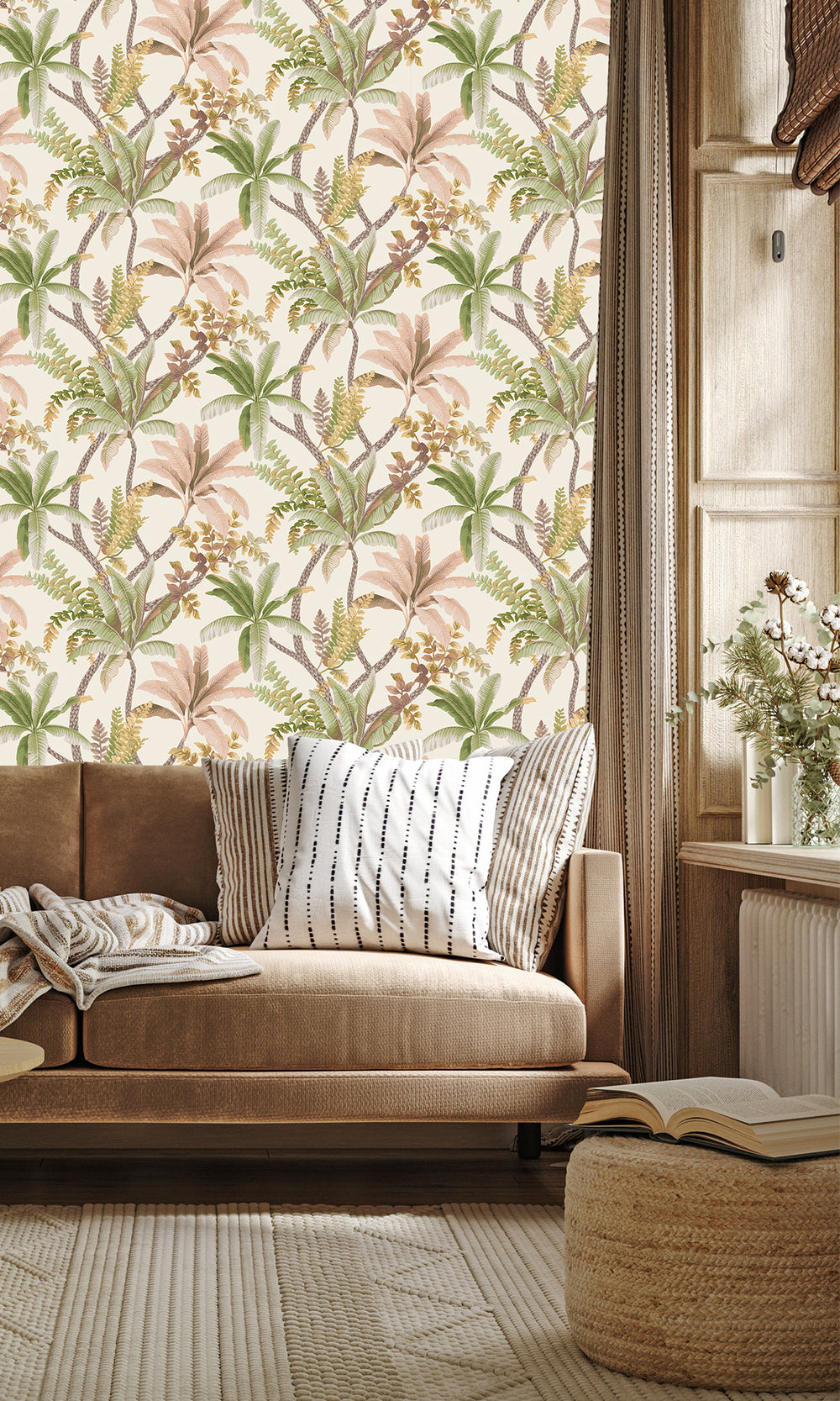 Sage/Coral Serene Tropical Oasis Wallpaper R9602